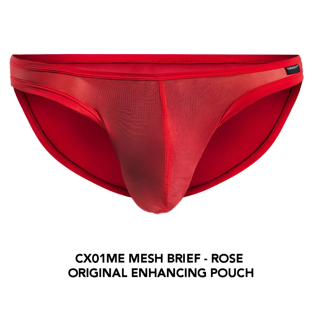 Cocksox cx01me mesh brief in red featuring a solid waistband inner lining and original enhancing pouch design