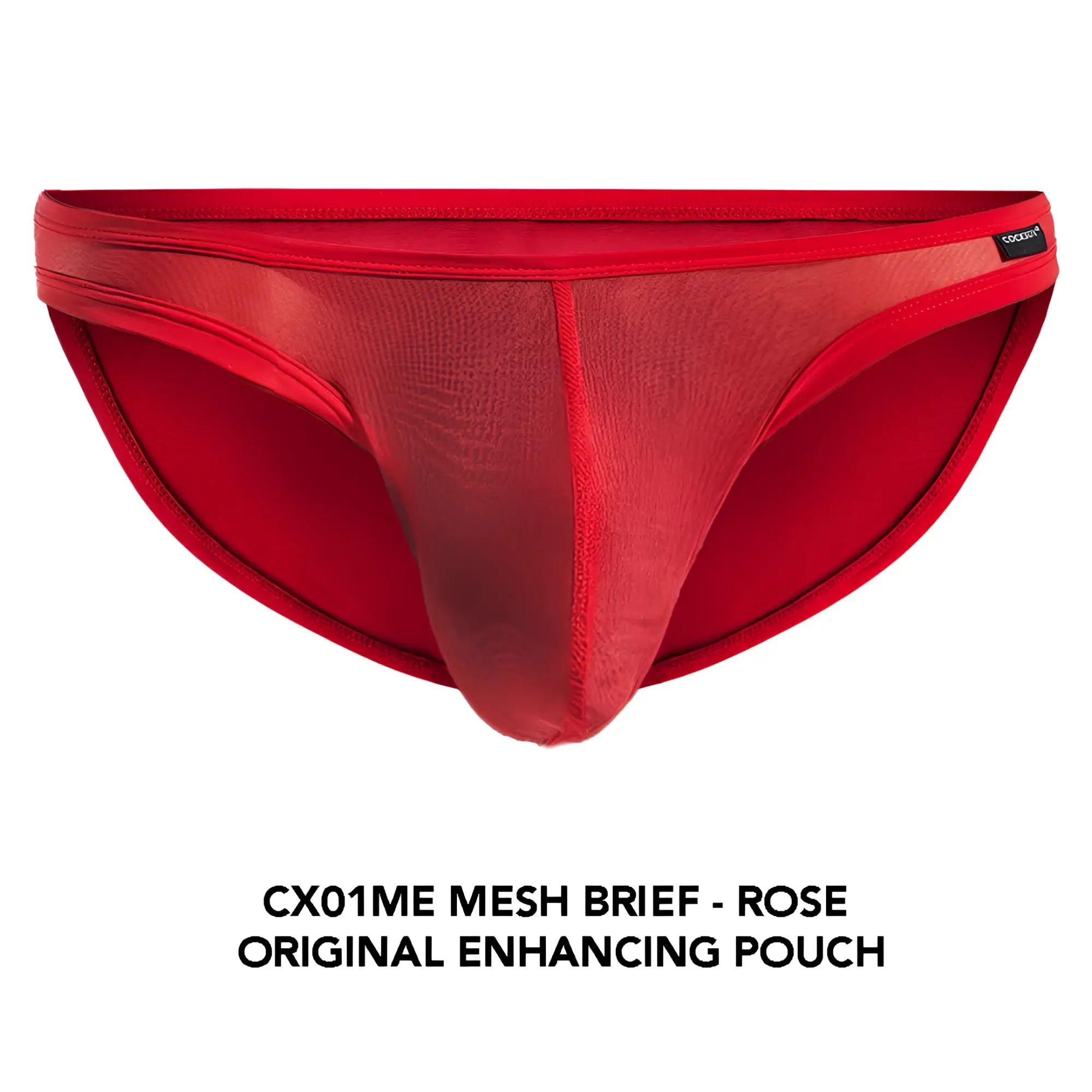 Cocksox cx01me mesh brief in red featuring a solid waistband inner lining and original enhancing pouch design