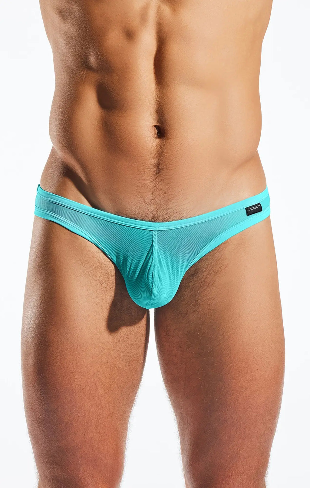 Turquoise cocksox cx01me mesh briefs with a sleek form-fitting design made from breathable mesh material