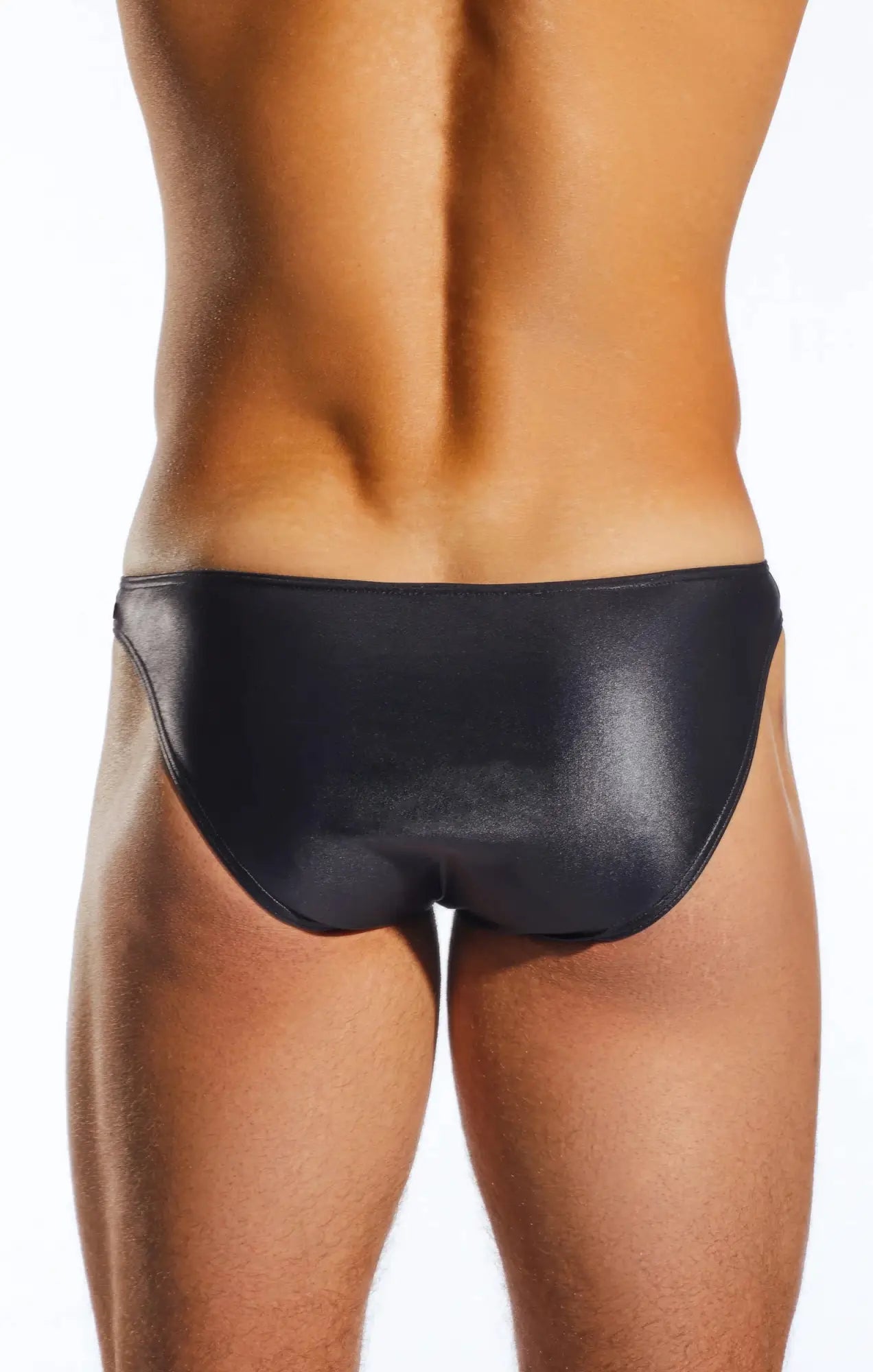 Black glossy-finish Cocksox CX02GS swim brief with sleek minimalist design ideal for swimming and beachwear