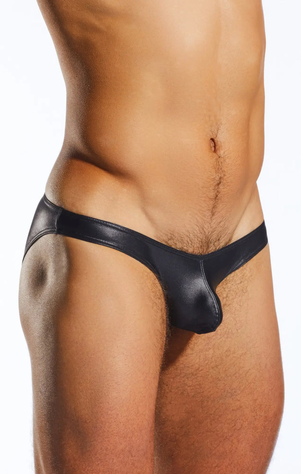 Black patent leather thong swim brief with sleek glossy finish and minimalistic design cocksox cx02gs front view