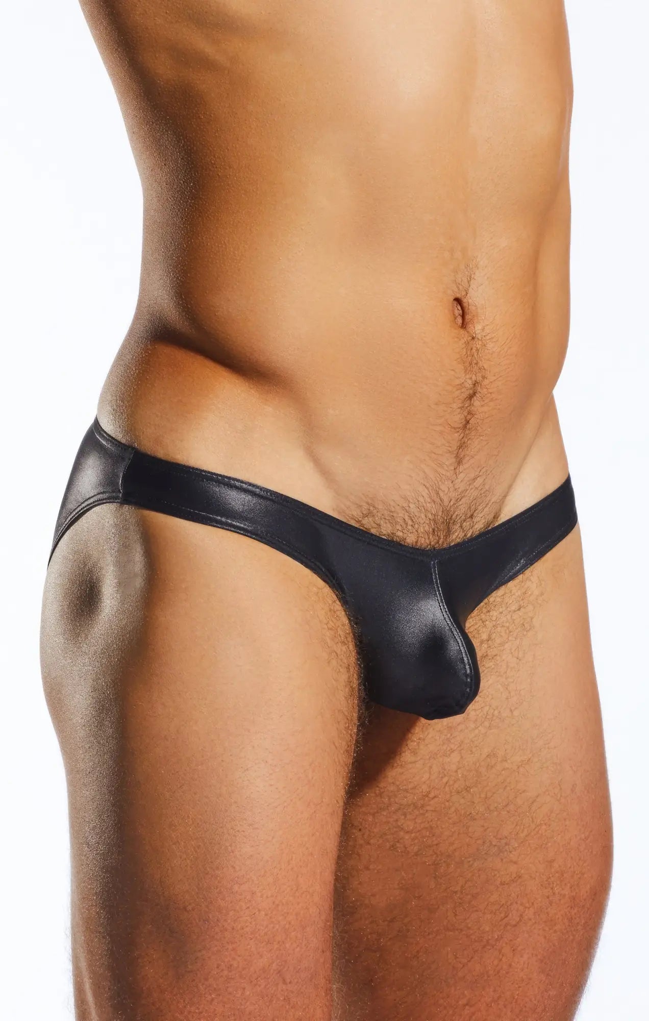 Black patent leather thong swim brief with sleek glossy finish and minimalistic design cocksox cx02gs front view