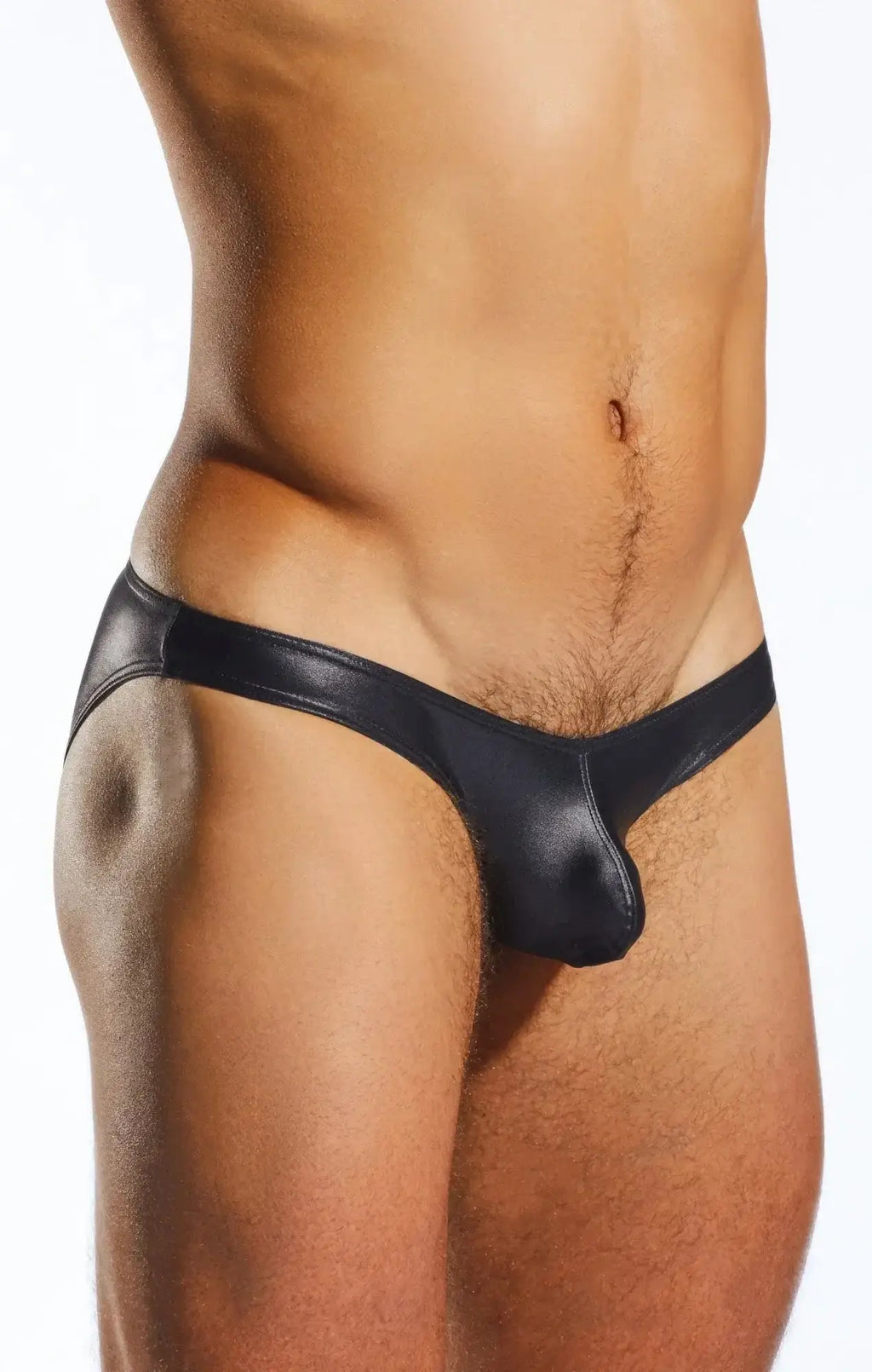 Black patent leather thong swim brief with sleek glossy finish and minimalistic design cocksox cx02gs front view