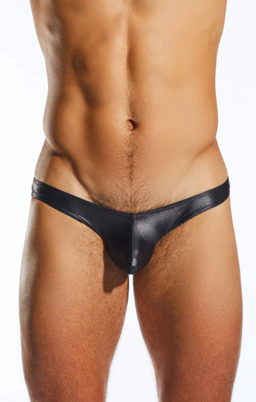 Black shiny faux leather thong swim brief with sleek minimalist design by cocksox cx02gs
