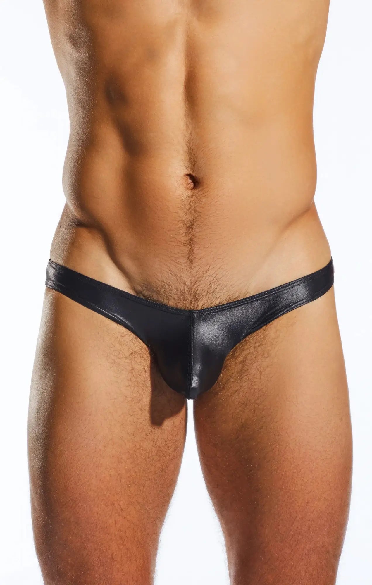 Black shiny faux leather thong swim brief with sleek minimalist design by cocksox cx02gs