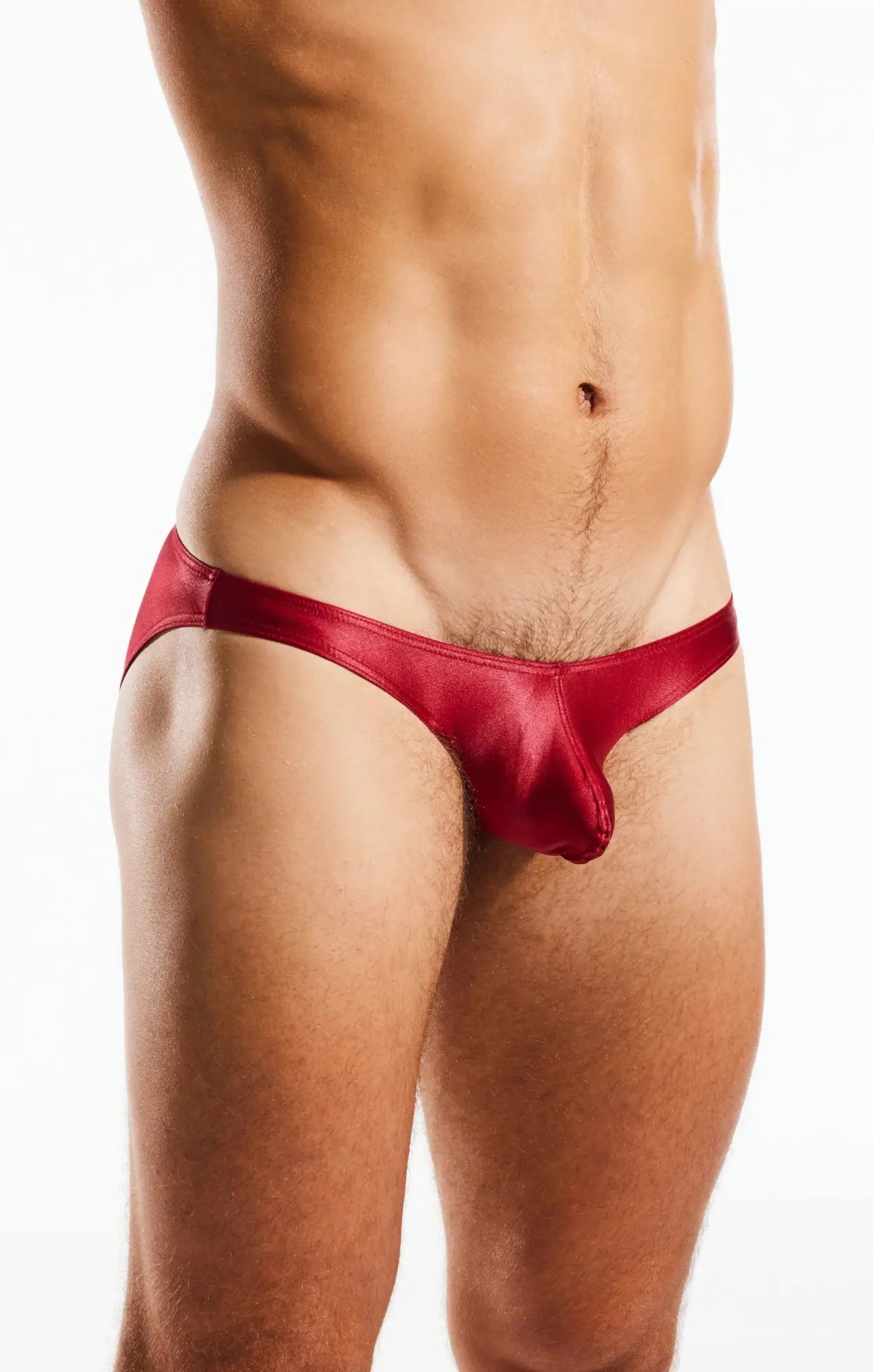 Red satin cocksox cx02gs swim briefs with a smooth glossy finish designed for comfortable swimwear use