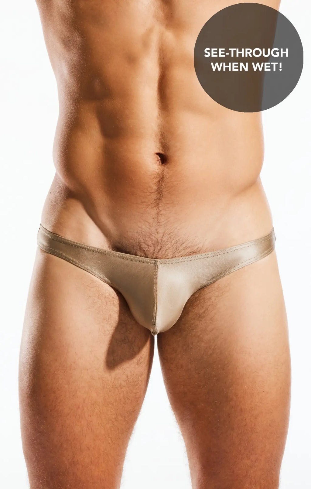 Tan glossy fabric thong swim brief with sleek minimalist design by cocksox cx02gs shown from back side