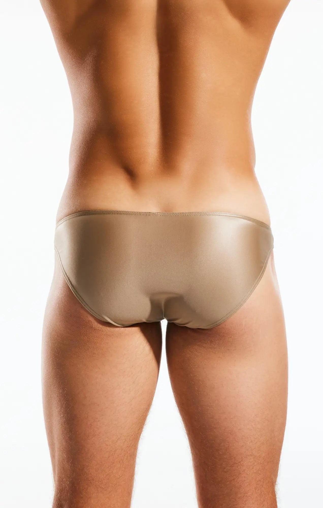Tan satin briefs with a smooth glossy finish from cocksox cx02gs swim brief collection designed for swimwear use