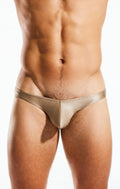 Tan sleek form-fitting thong made of smooth satin-like material in cocksox cx02gs swim brief back view