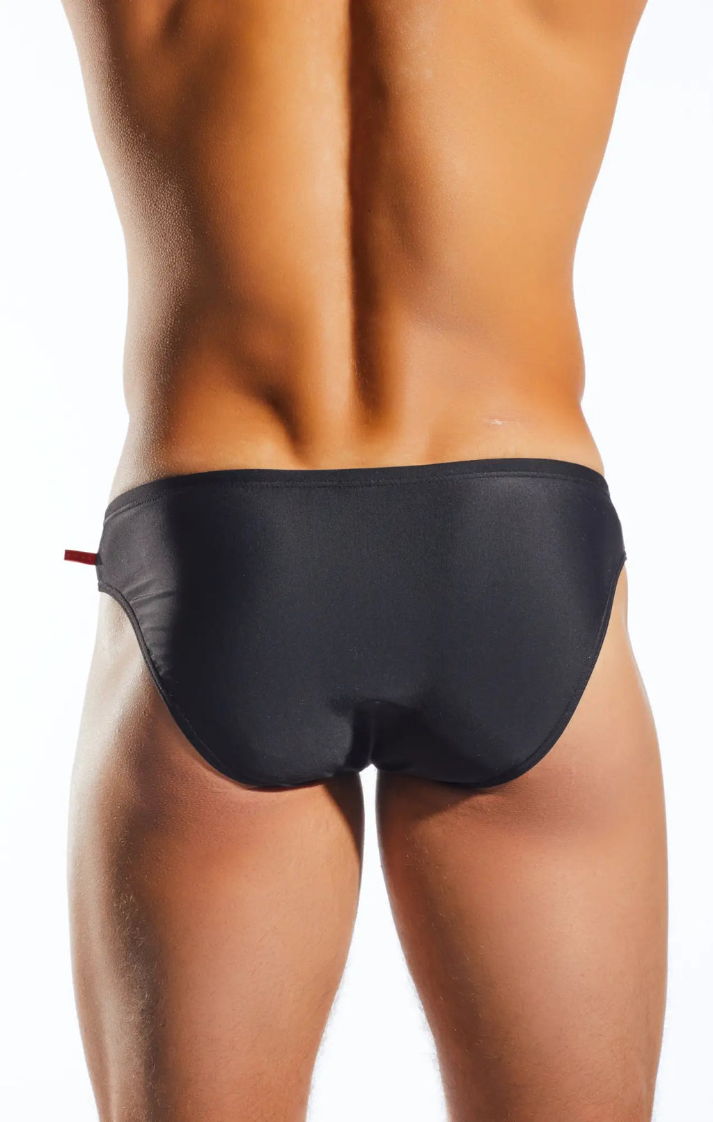 Black cocksox CX04 drawstring swim brief with subtle sheen and small red tab on the side for comfortable wear