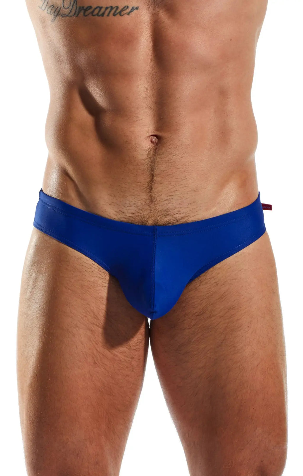 Blue mens snug fit Cocksox CX04 drawstring swim brief with small red tab on the side designed for swimming