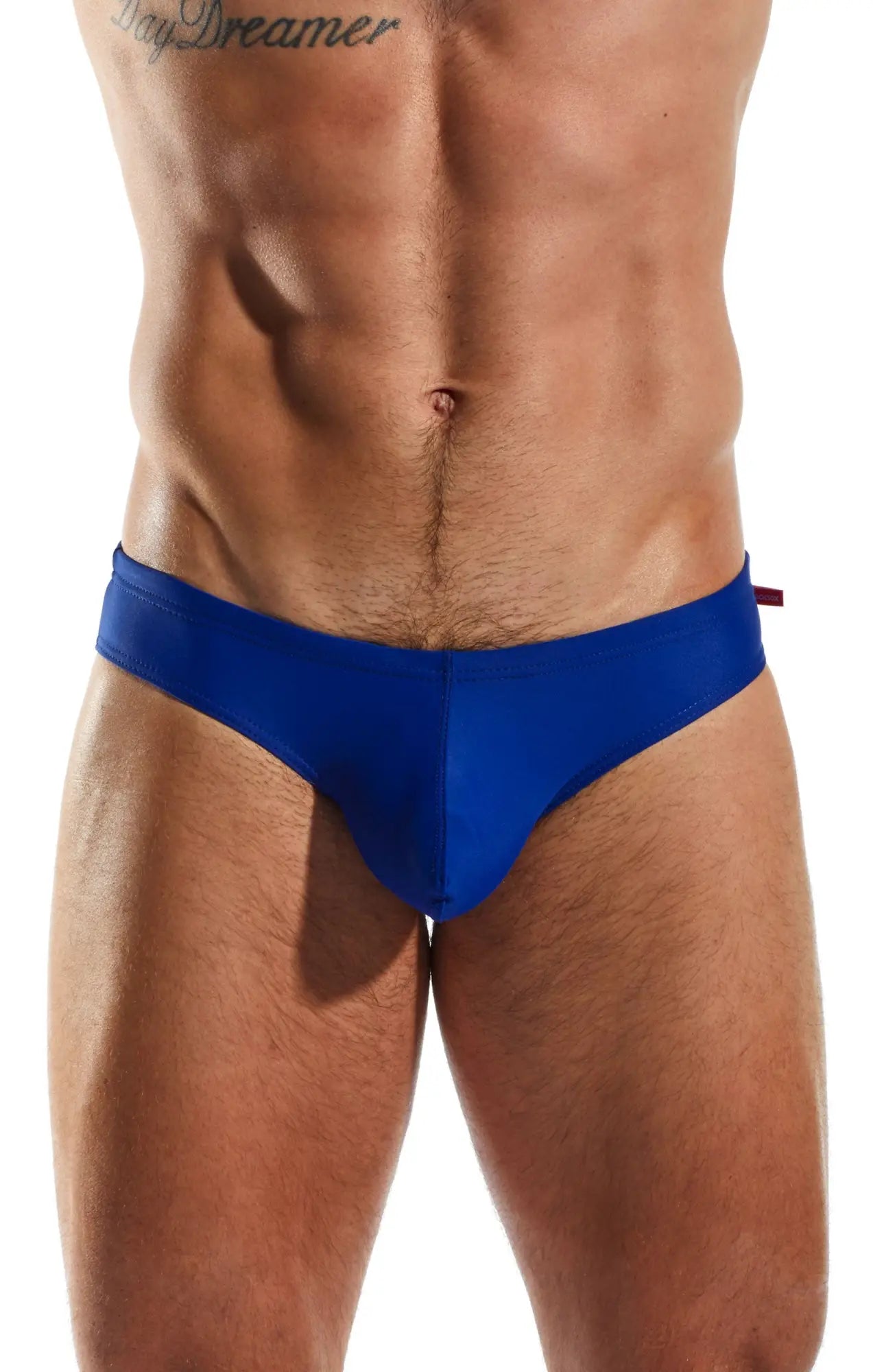 Blue mens snug fit Cocksox CX04 drawstring swim brief with small red tab on the side designed for swimming