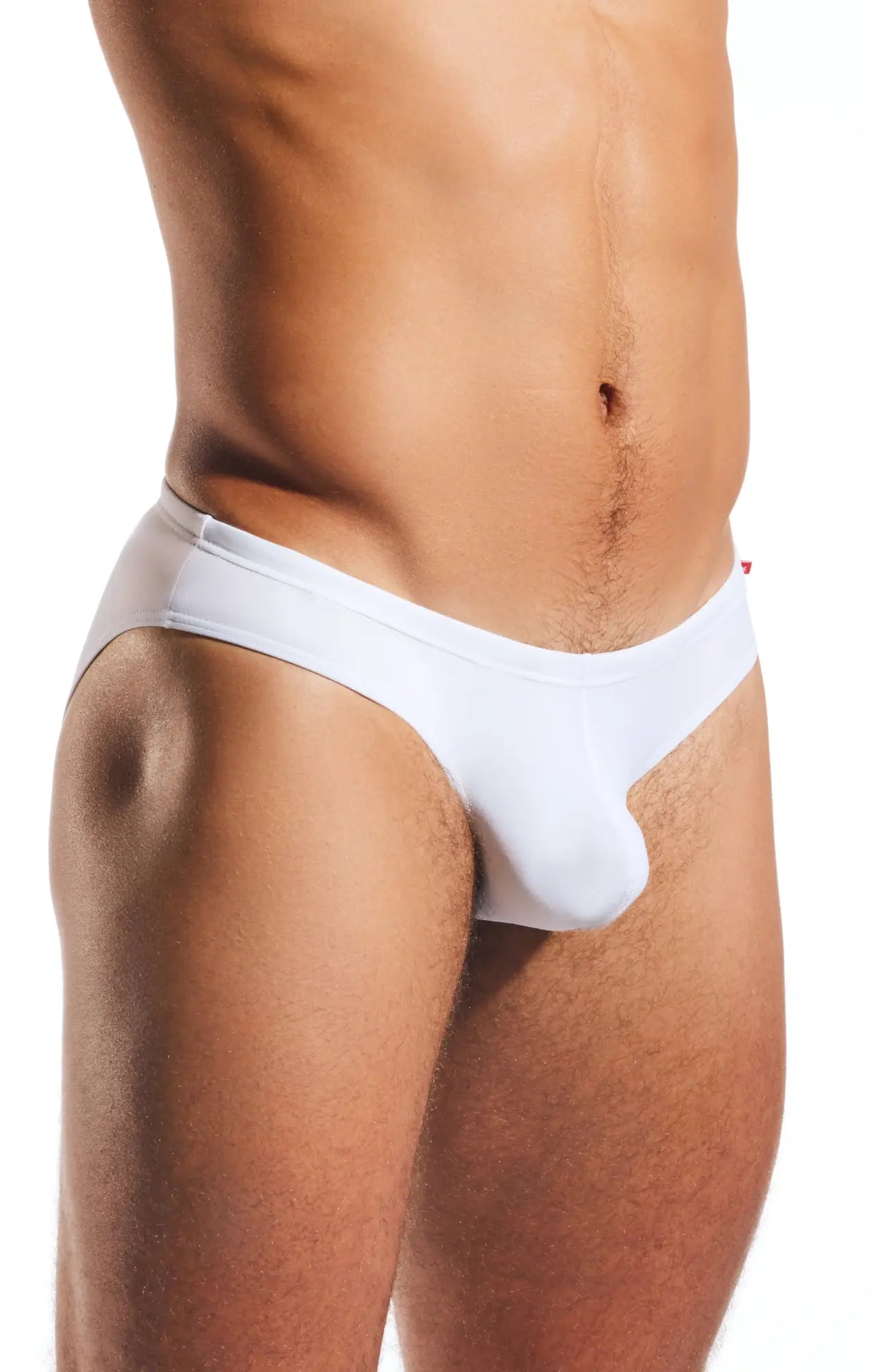 White cocksox cx04 drawstring swim brief with form-fitting smooth fabric and subtle seam detailing