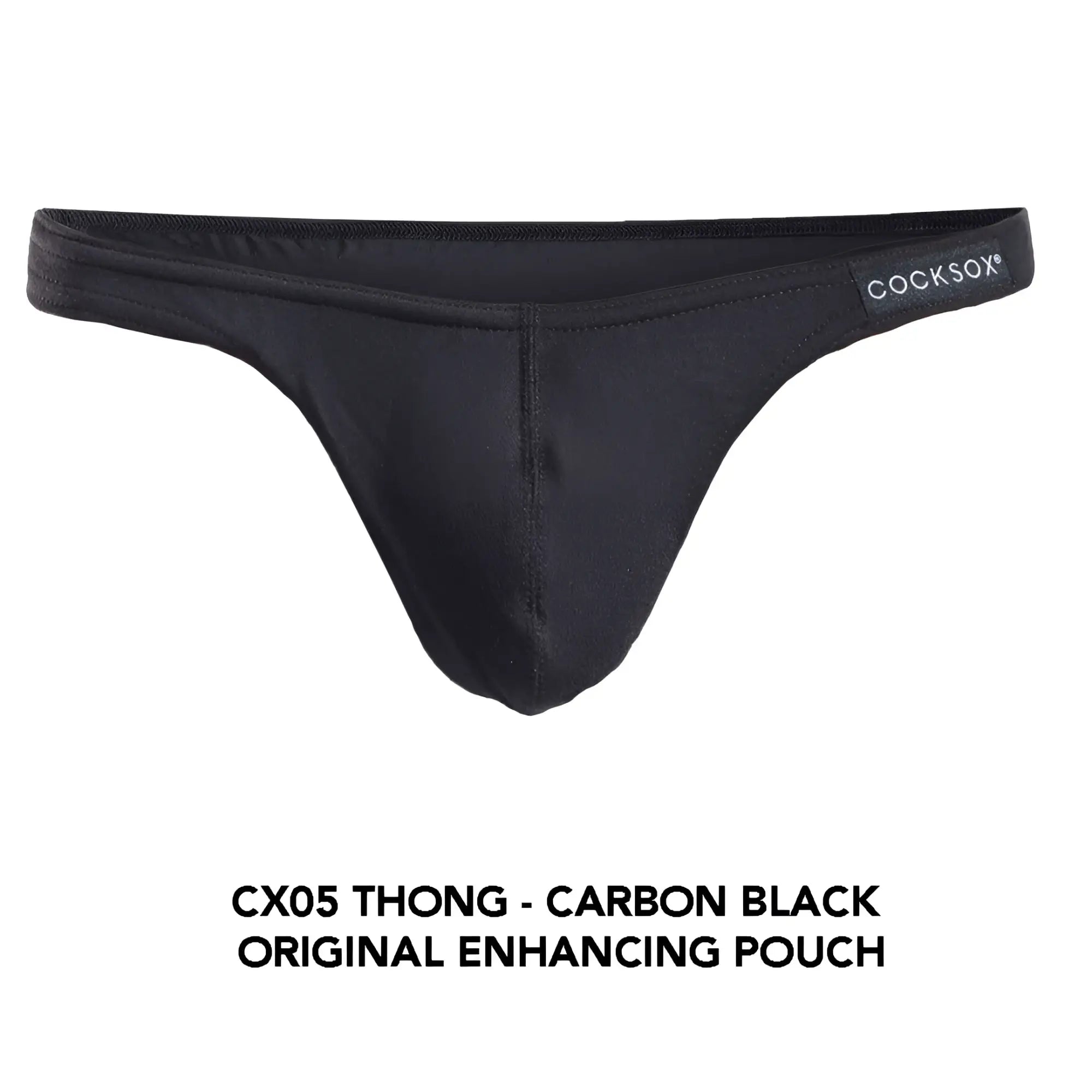 Black carbon cocksox cx05 thong with smooth form-fitting design and original enhancing pouch in front view
