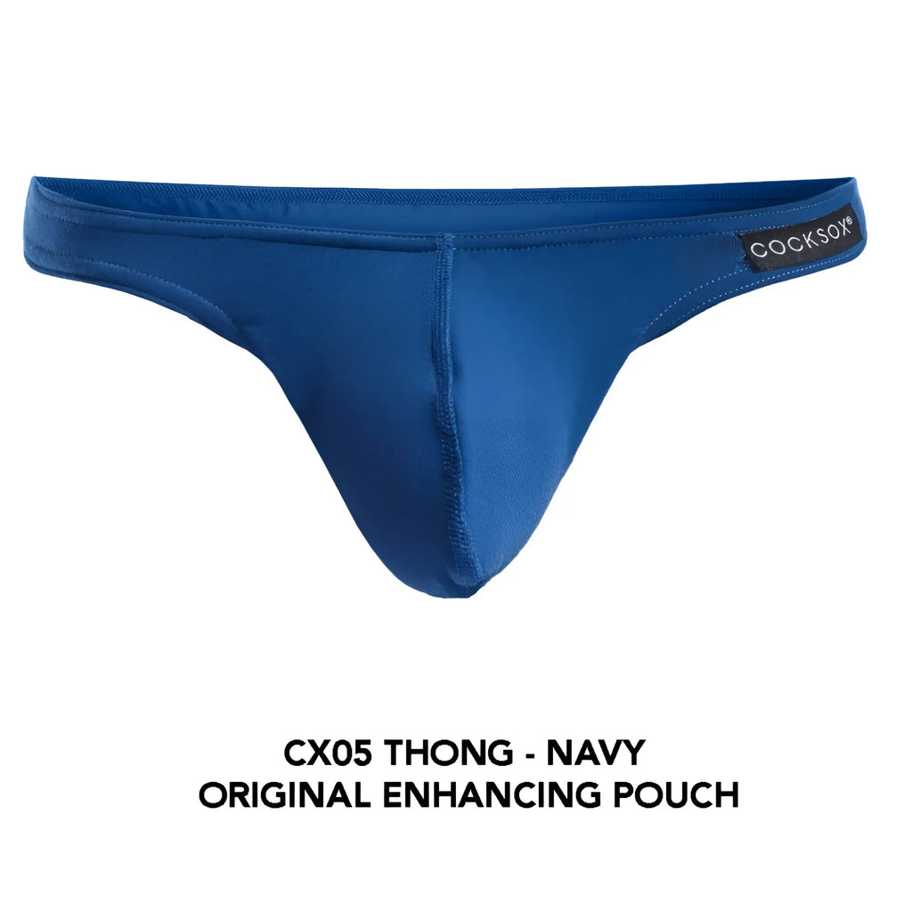 Navy blue Cocksox CX05 thong with a smooth form-fitting design and original enhancing pouch visible from the front