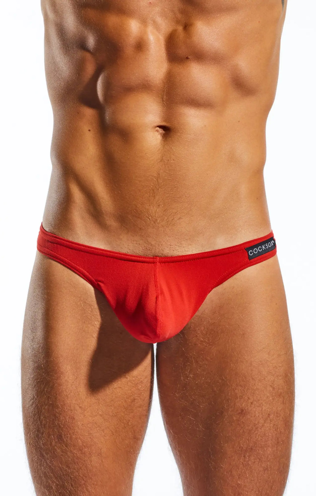 Red cockson cx05 thong briefs with a sleek form-fitting design and black waistband featuring the brand logo