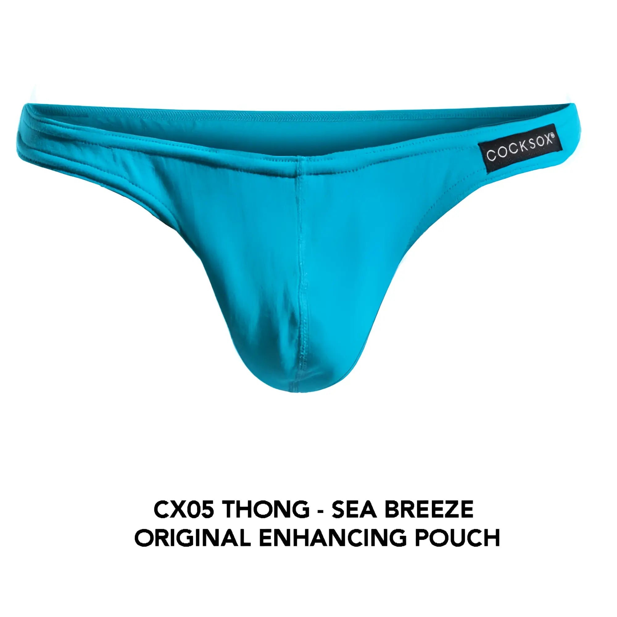 Teal cocksox CX05 thong with smooth form fitting fabric and branded label on the waistband front view