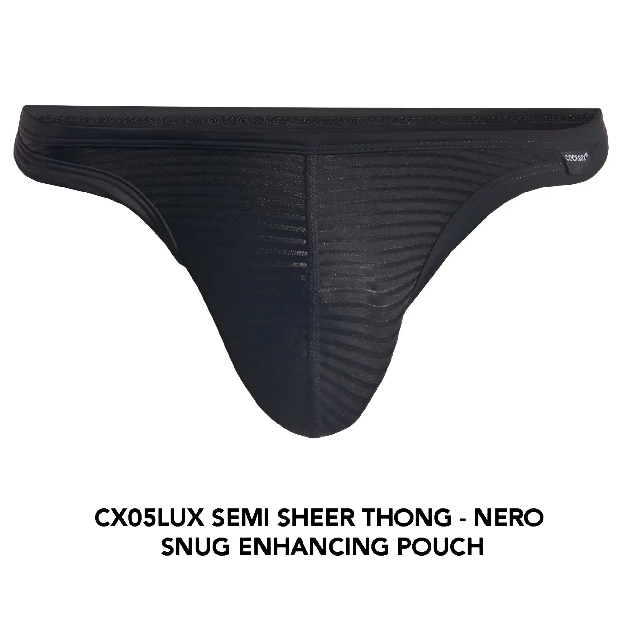 Black cocksox cx05lux semi-sheer thong with textured ribbed design and snug enhancing pouch for comfortable wear