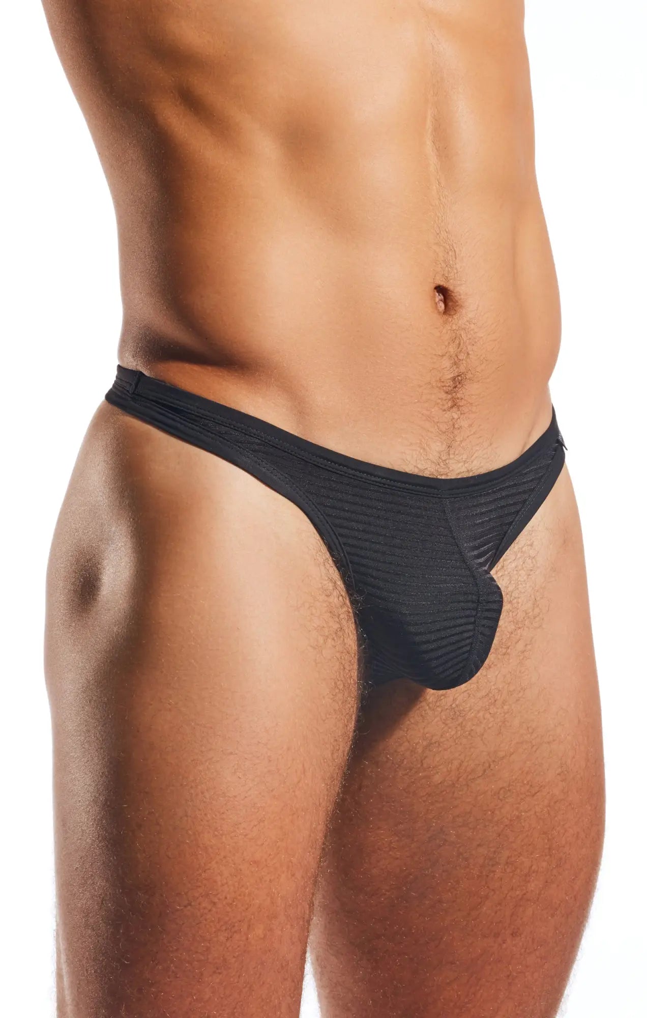 Black textured fabric thong with contoured design by cocksox cx05lux semi-sheer thong shown from the back side
