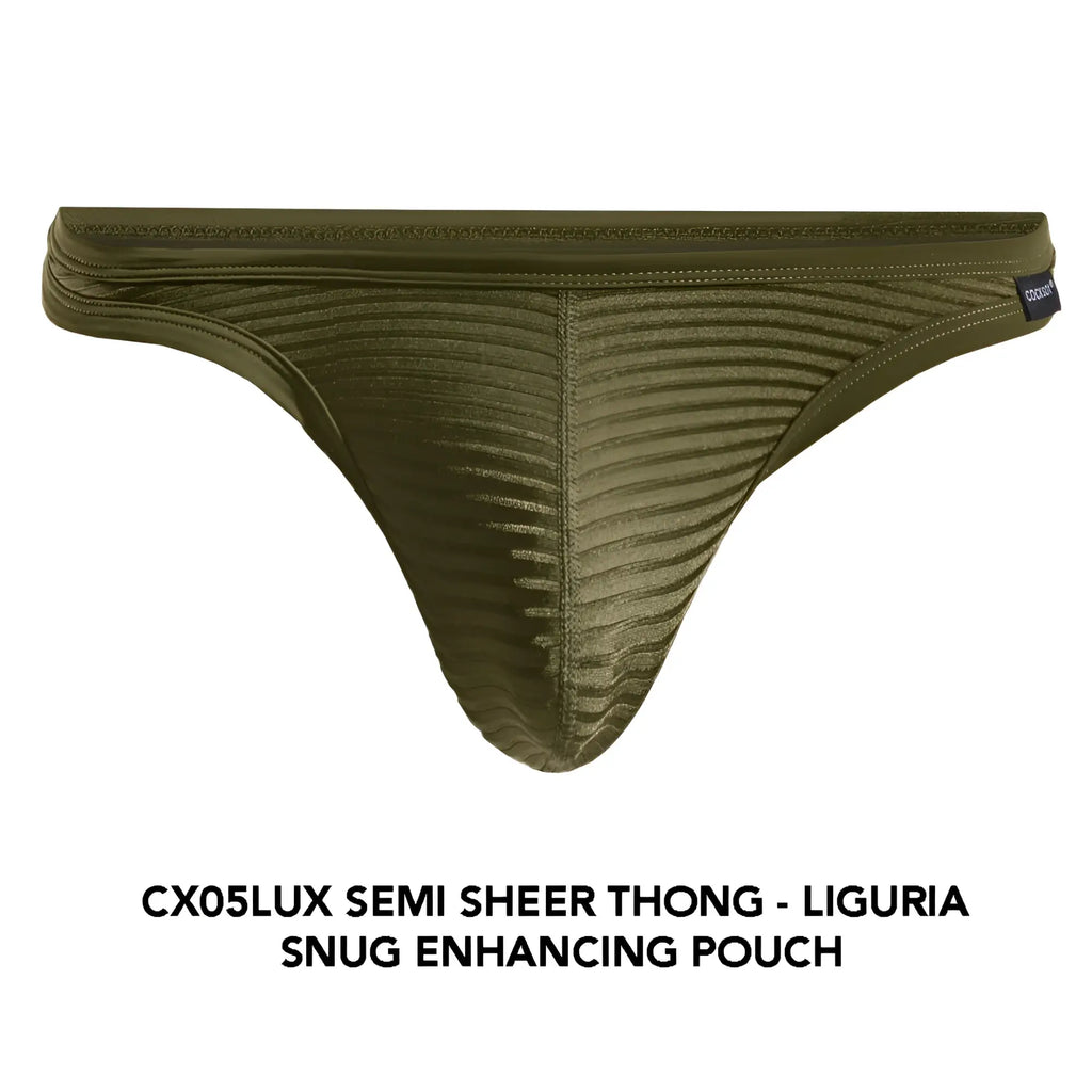 Olive green Cocksox CX05LUX semi sheer thong with ribbed texture and snug enhancing pouch design shown from the back