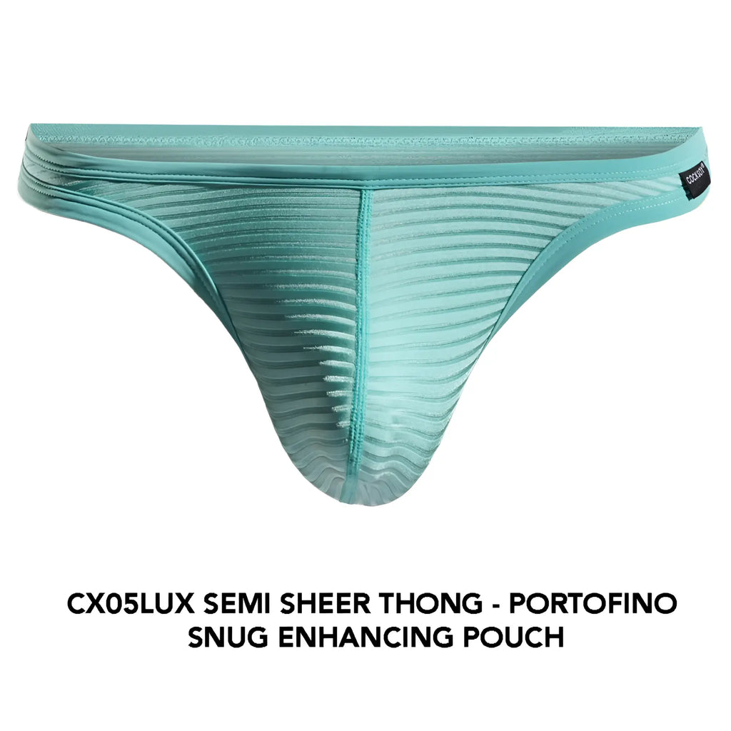 Cocksox cx05lux semi-sheer thong in teal with ribbed texture and snug-enhancing pouch design