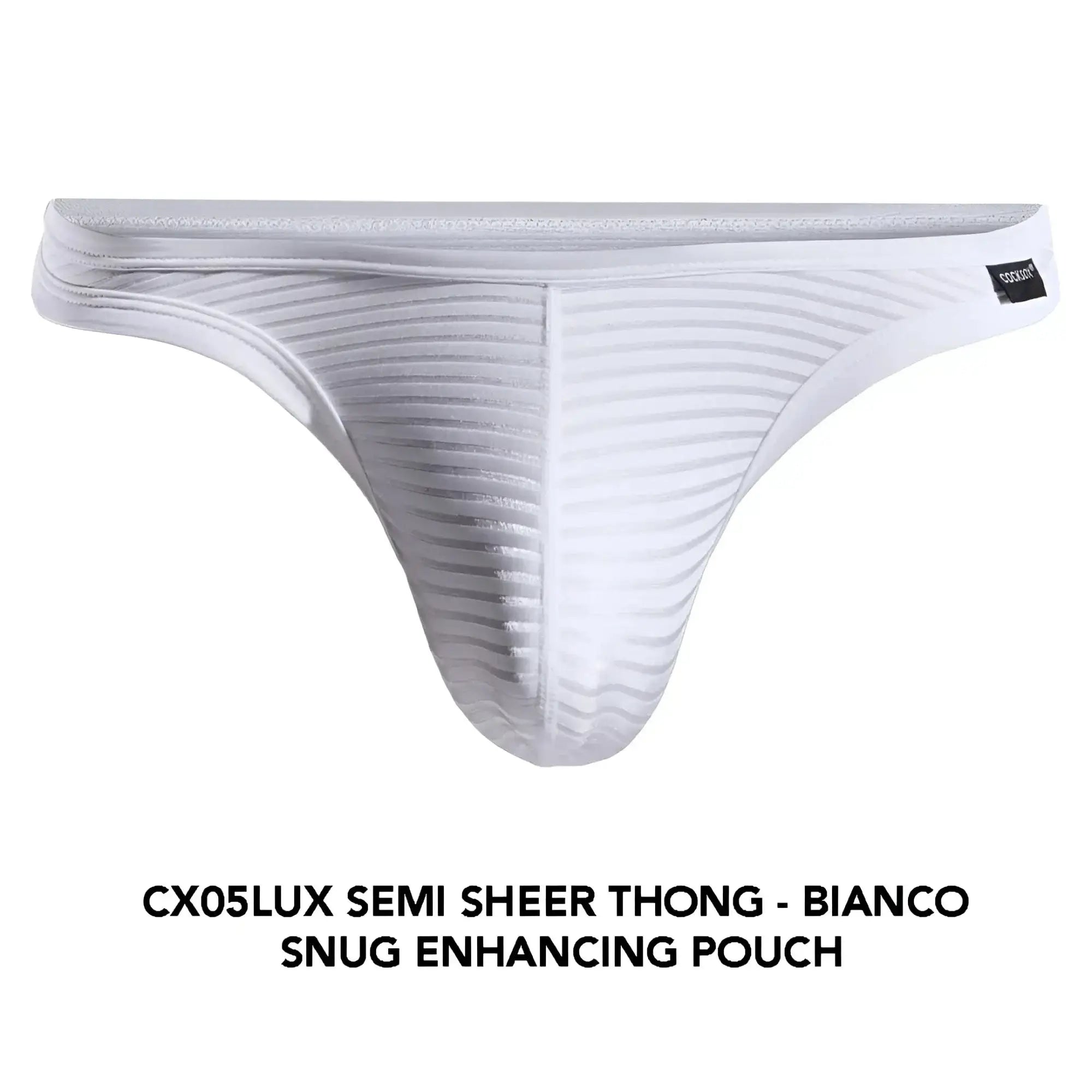 White cx05lux semi sheer thong by cocksox with snug enhancing pouch and subtle ribbed texture