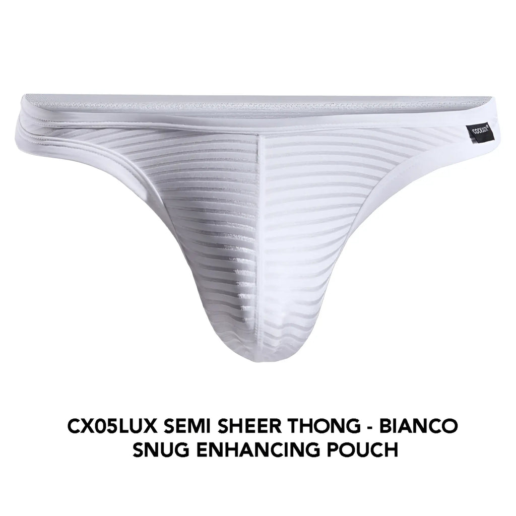 White cx05lux semi sheer thong by cocksox with snug enhancing pouch and subtle ribbed texture