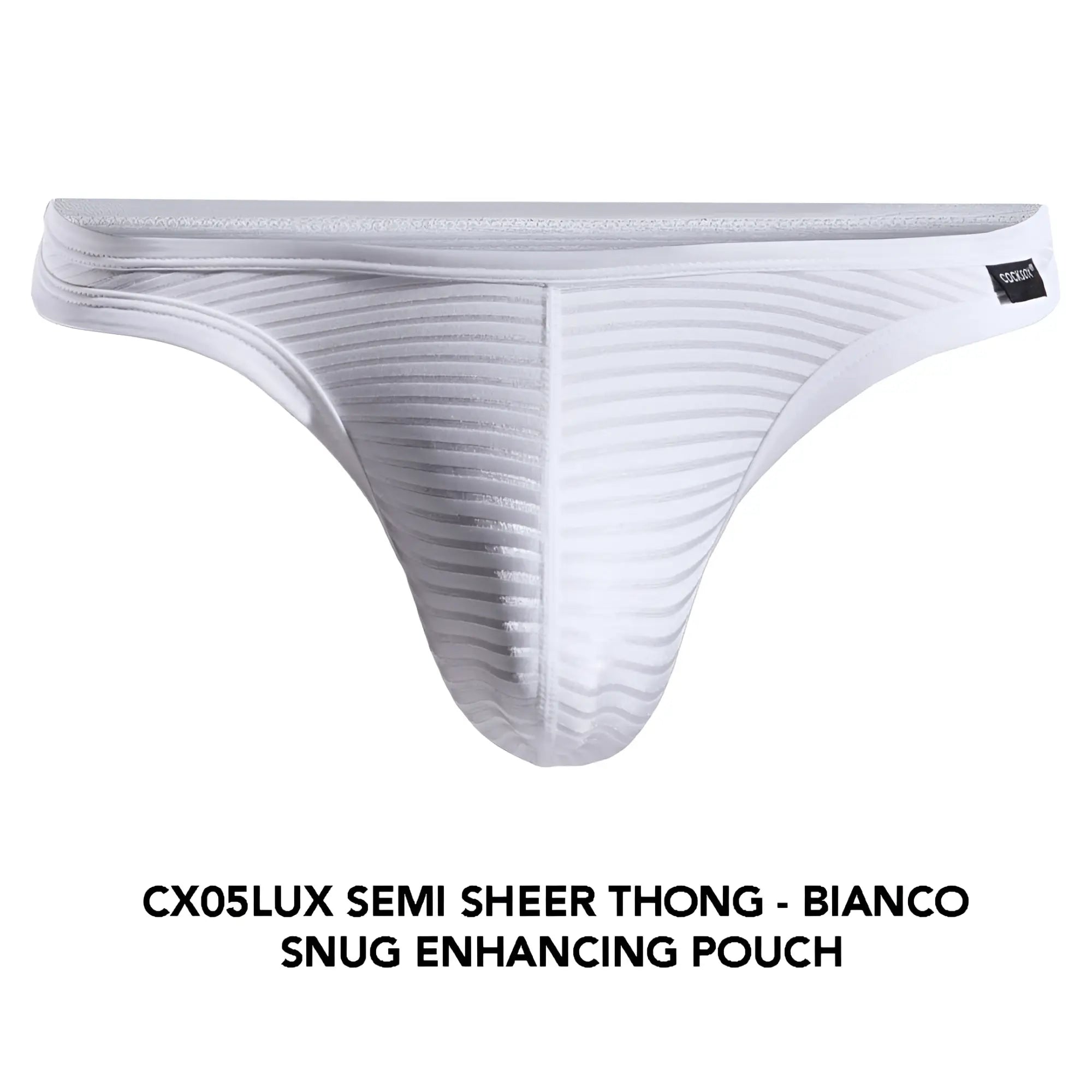 White cx05lux semi sheer thong by cocksox with snug enhancing pouch and subtle ribbed texture