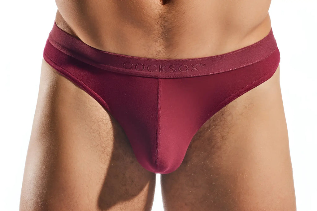 Cocksox CX05MD thong briefs in maroon with a smooth stretchy fabric waistband for comfortable support