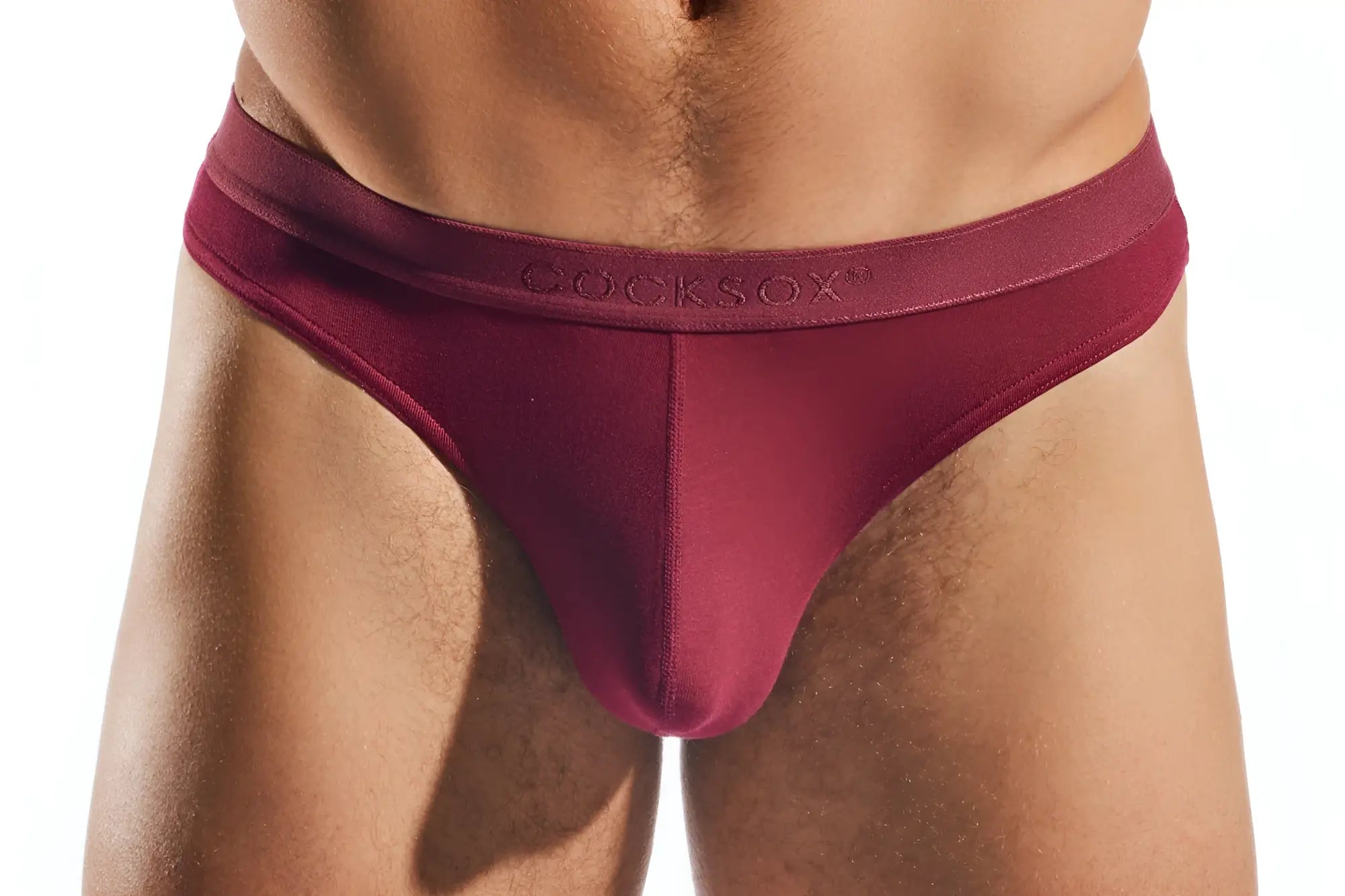 Cocksox CX05MD thong briefs in maroon with a smooth stretchy fabric waistband for comfortable support