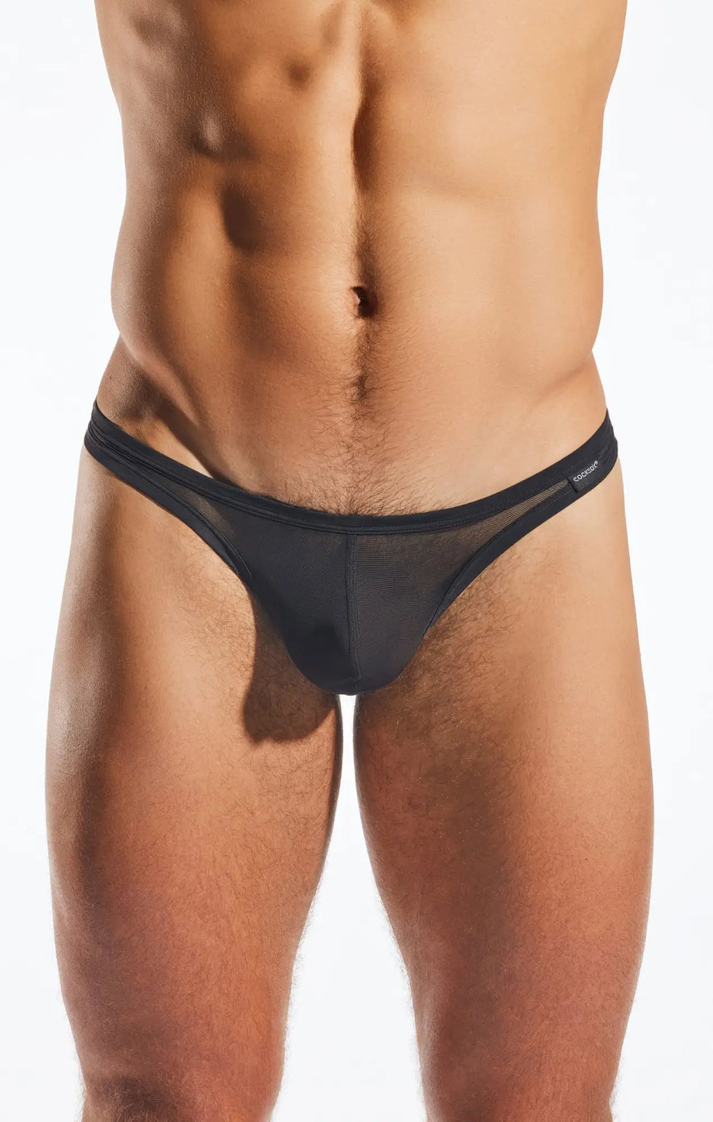 Black mesh thong with solid front panel and Cocksox branded waistband in the Cocksox CX05ME Mesh Thong design