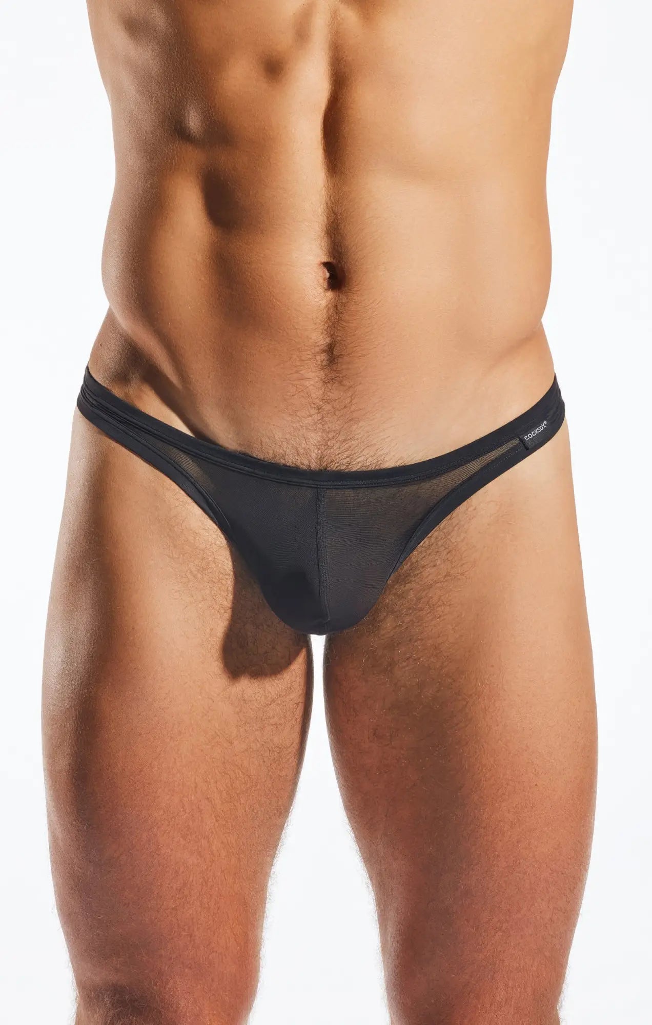 Black mesh thong with solid front panel and Cocksox branded waistband in the Cocksox CX05ME Mesh Thong design