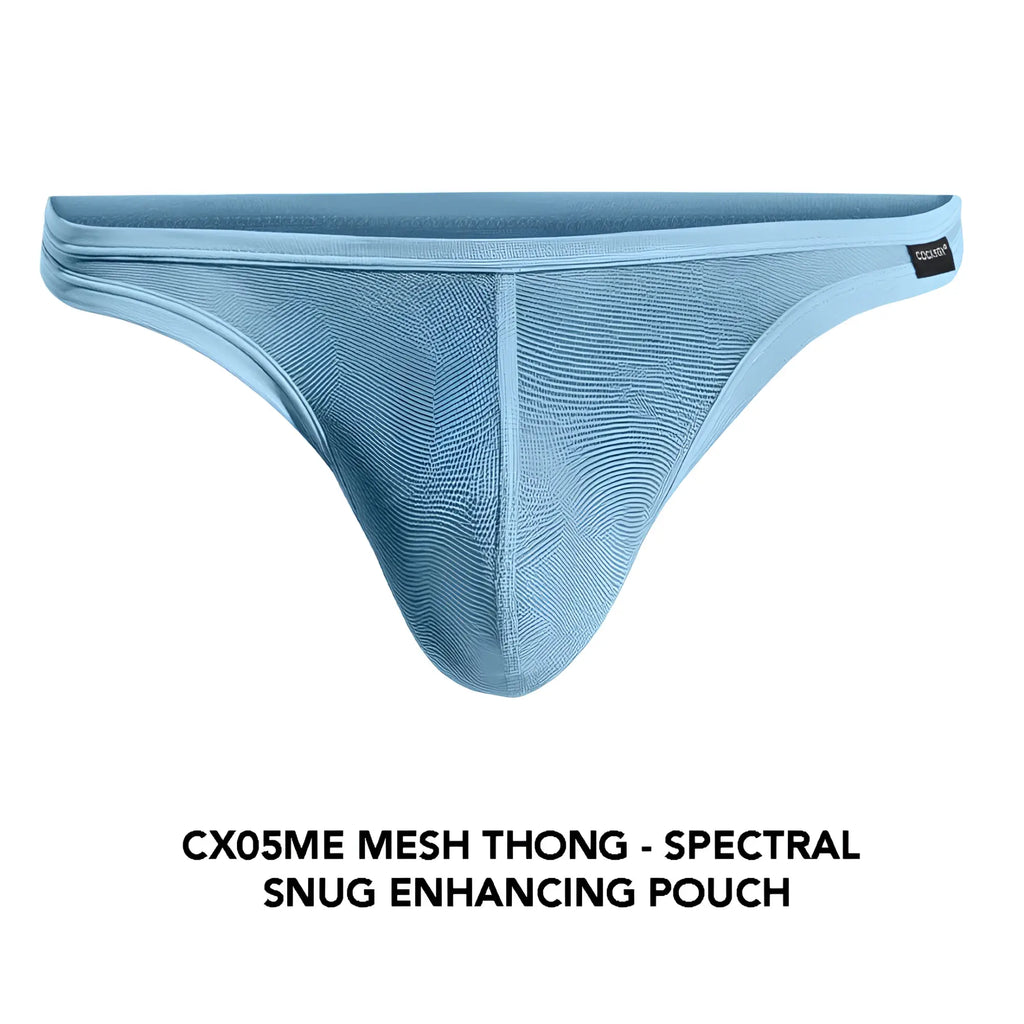 Light blue Cocksox CX05ME mesh thong featuring a spectral snug enhancing pouch design for comfortable support