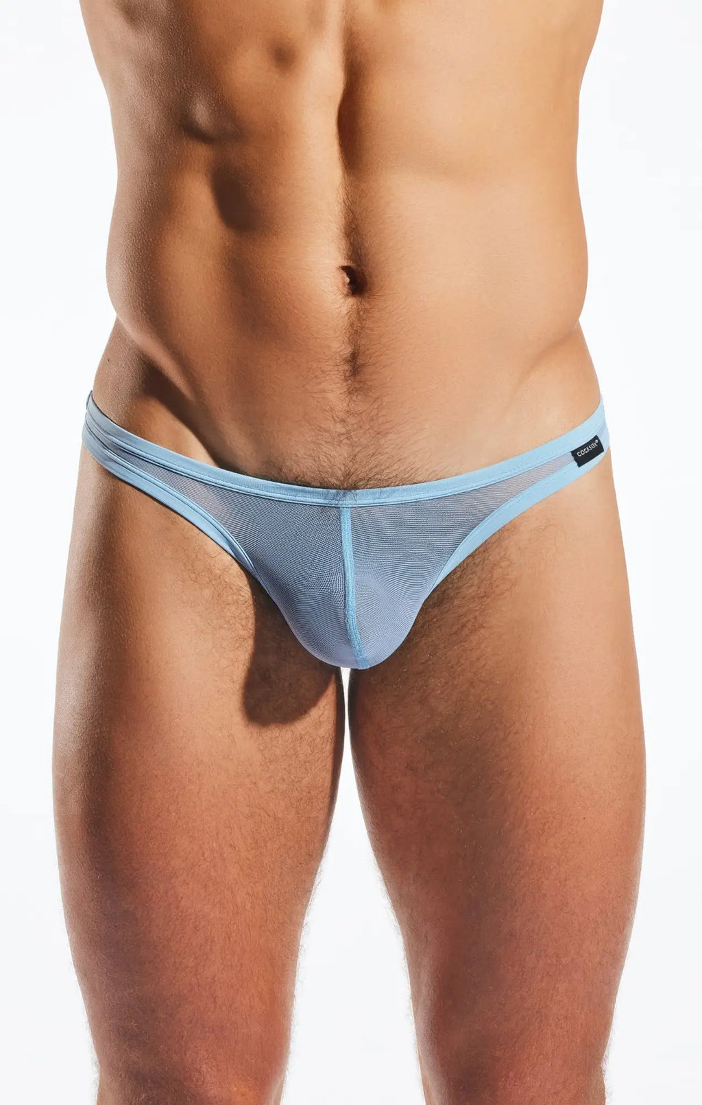 Light blue Cocksox CX05ME mesh thong with subtle textured pattern and sleek form-fitting design front view