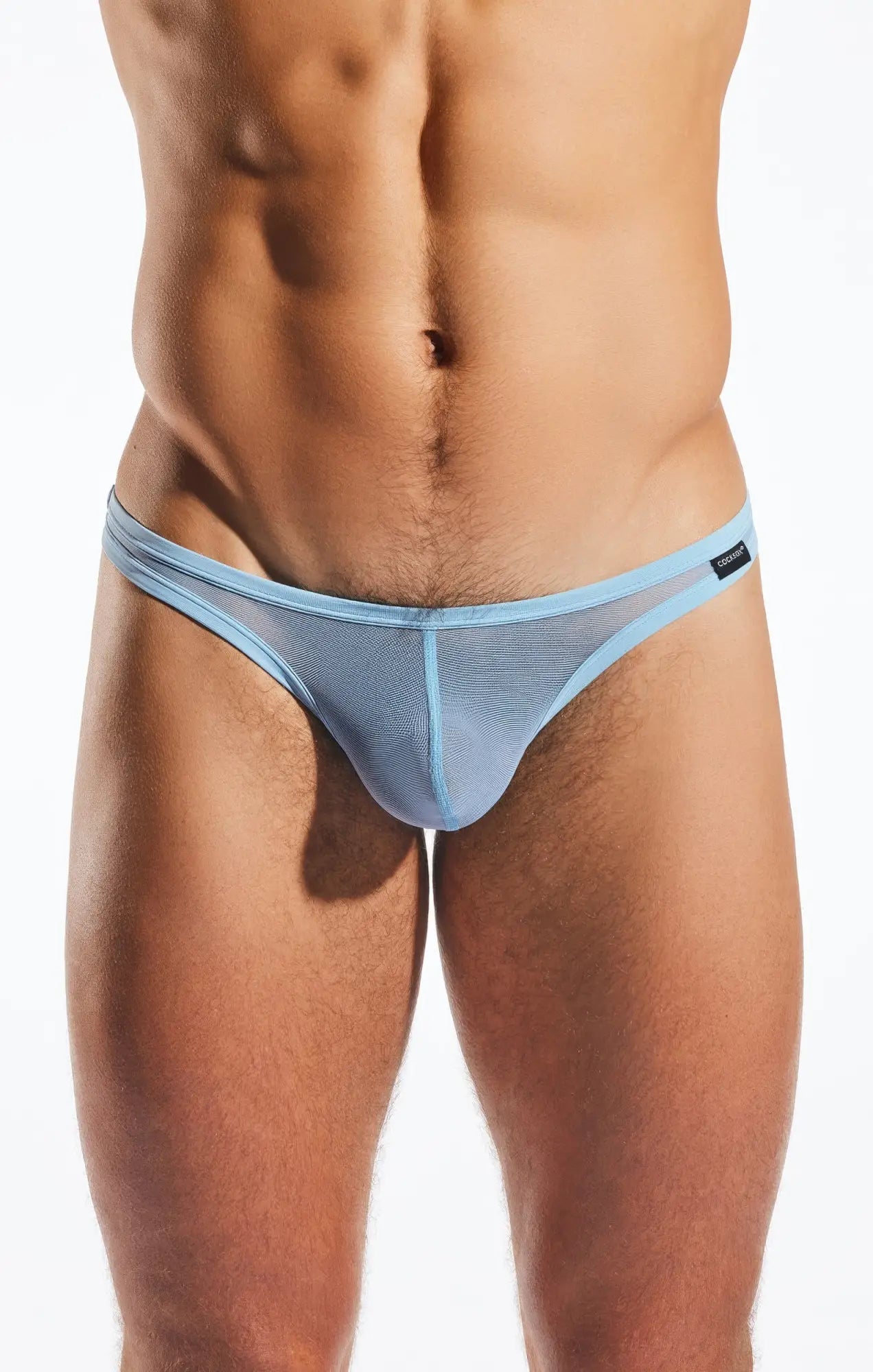 Light blue Cocksox CX05ME mesh thong with subtle textured pattern and sleek form-fitting design front view