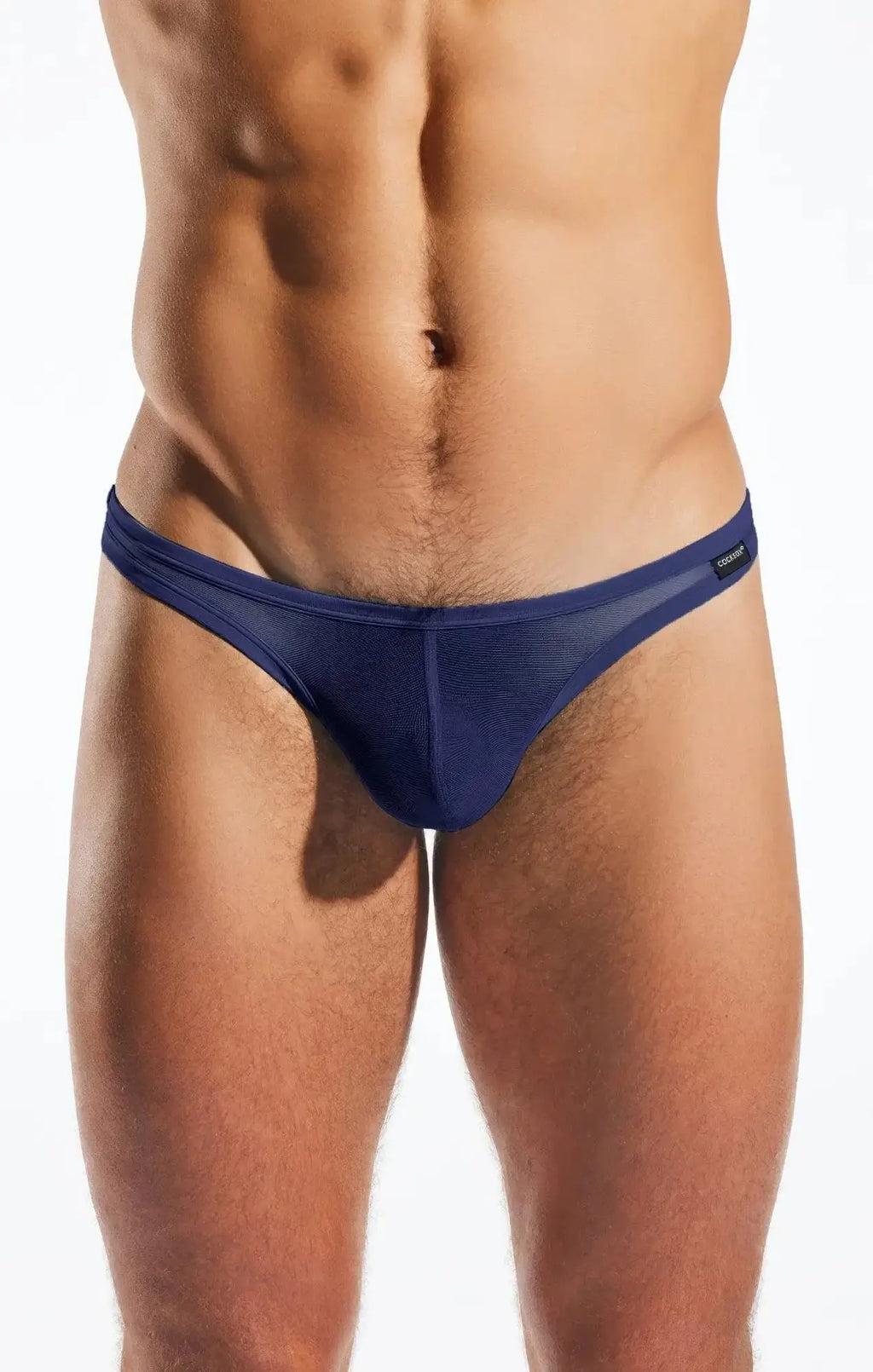 Navy blue mesh thong cocksox cx05me with sleek form-fitting design shown from the back side