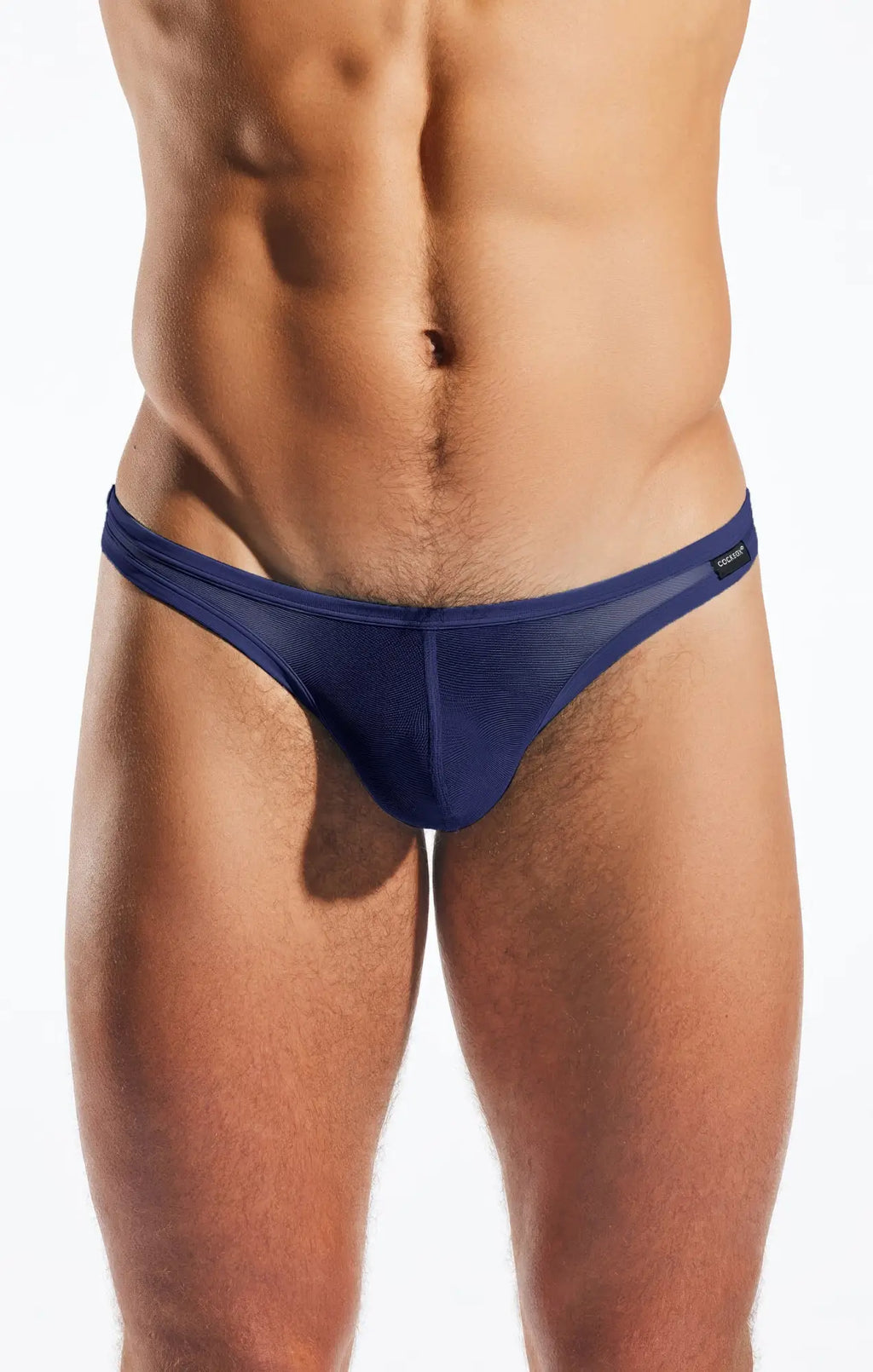 Navy blue mesh thong cocksox cx05me with sleek form-fitting design shown from the back side