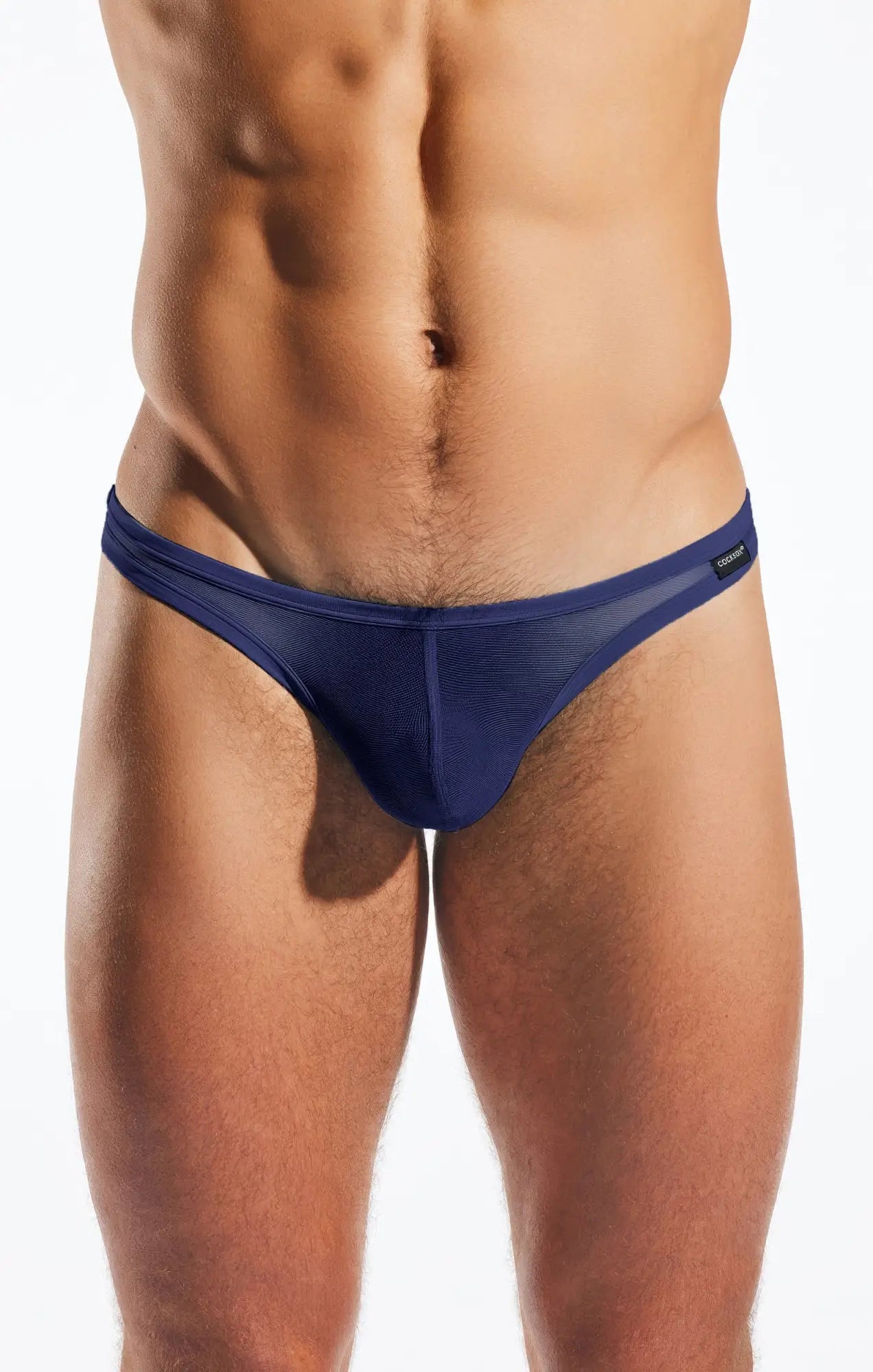 Navy blue mesh thong cocksox cx05me with sleek form-fitting design shown from the back side