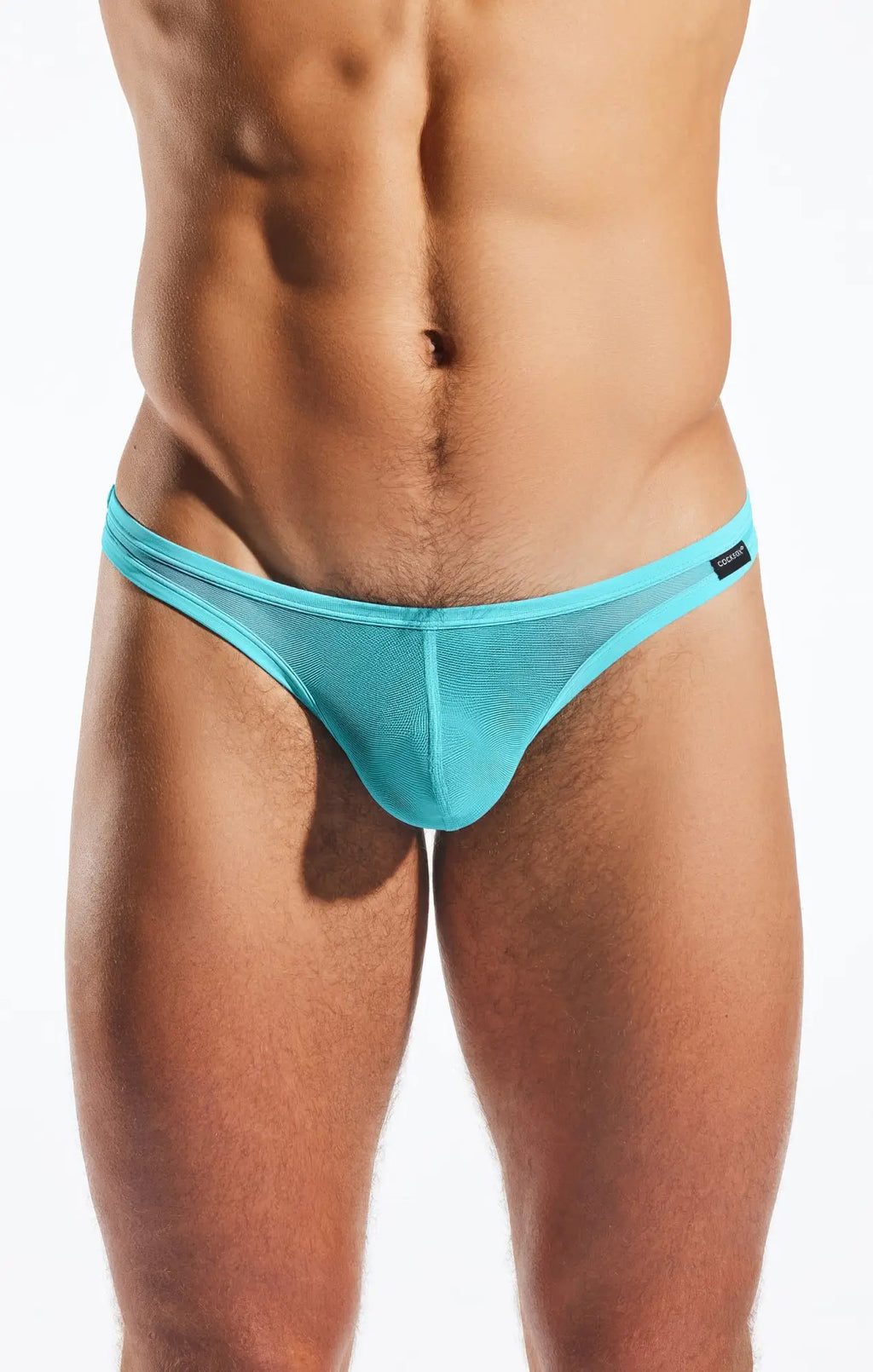 Cocksox cx05me mesh thong in turquoise features a sleek form-fitting design made from breathable mesh material
