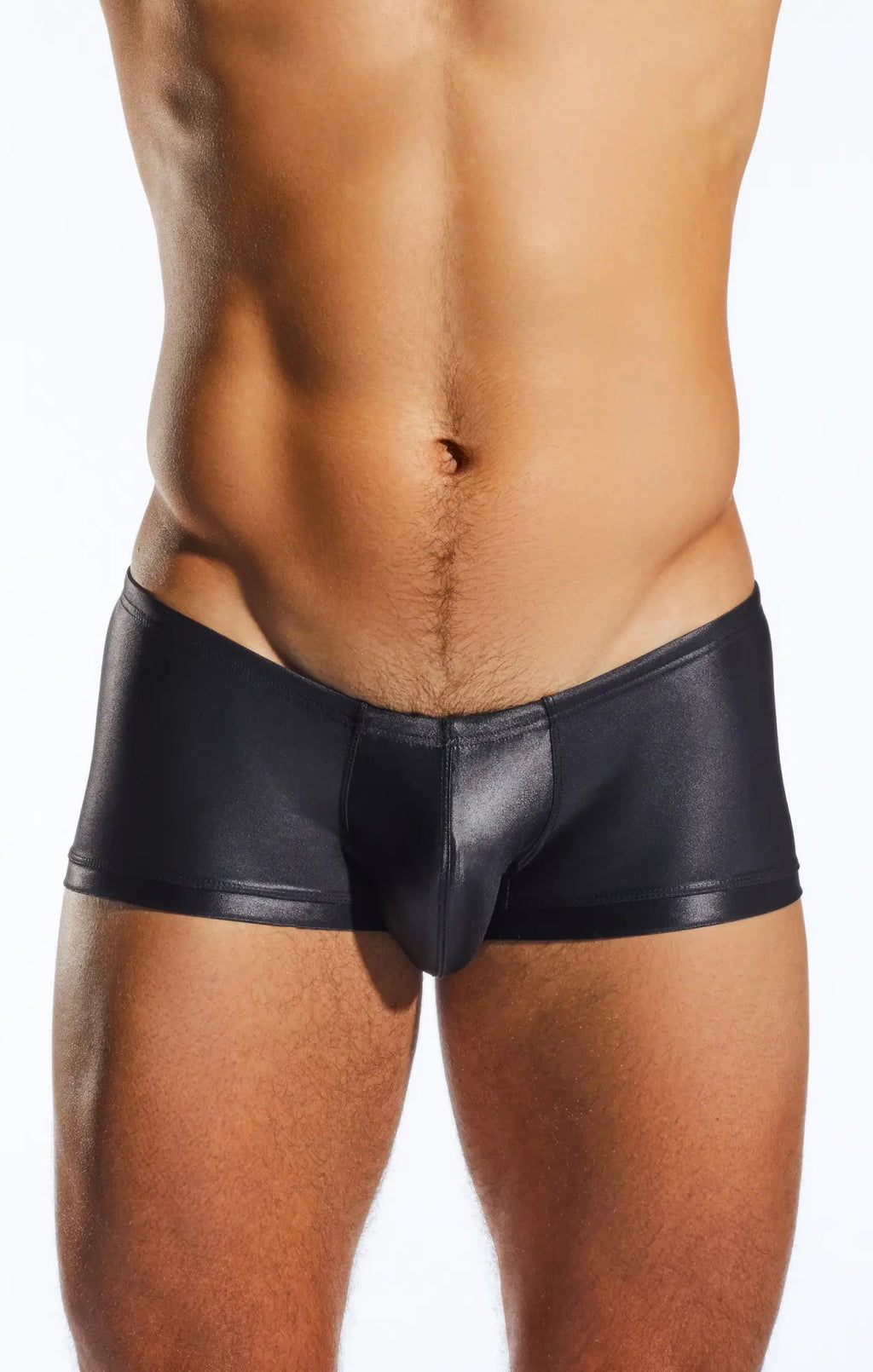 Black shiny faux leather briefs with sleek form-fitting design cocksox cx08gs swim trunk front view