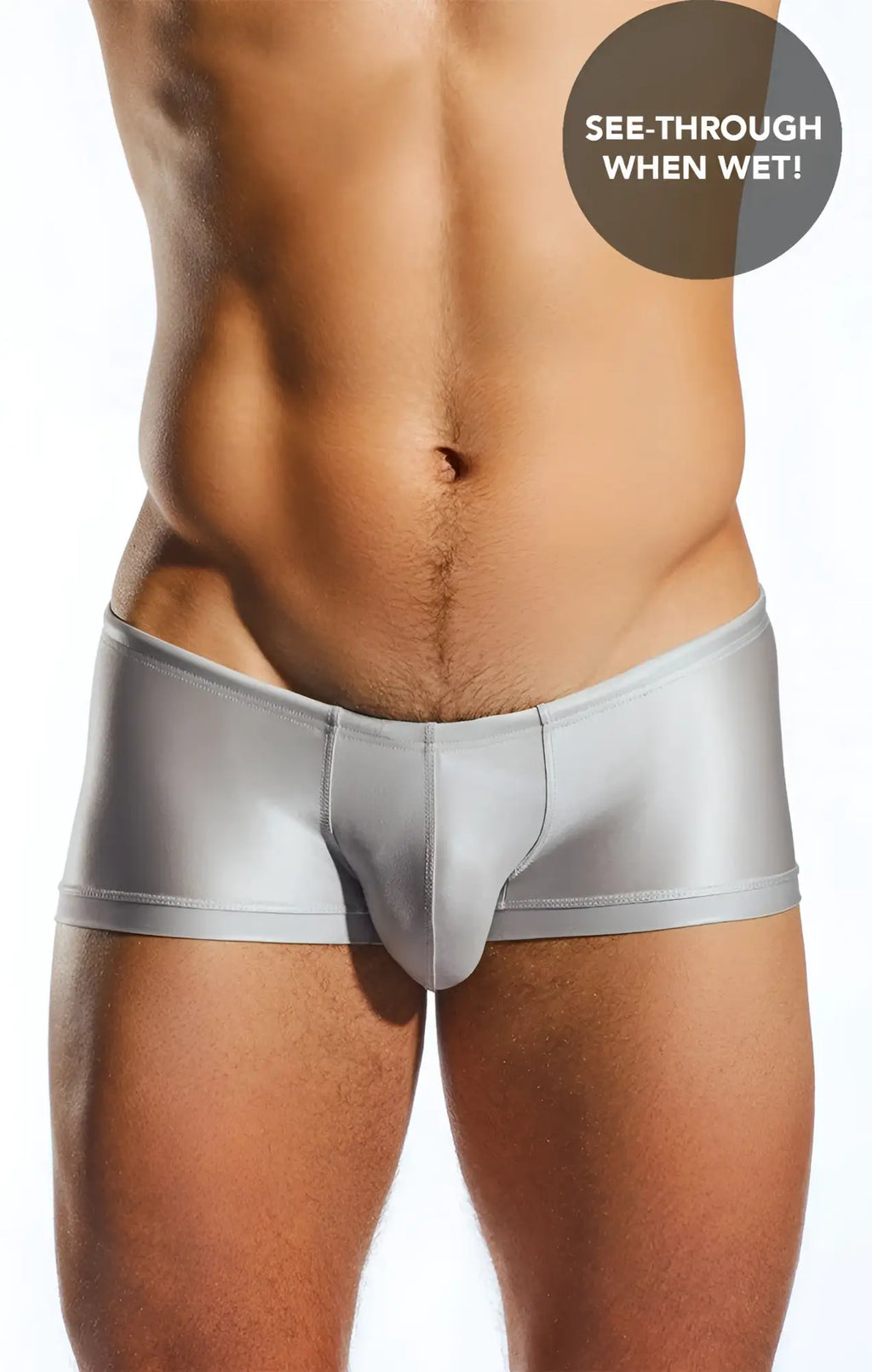 Silver shiny see-through briefs wet made of mesh fabric in cocksox cx08gs swim trunk design back view