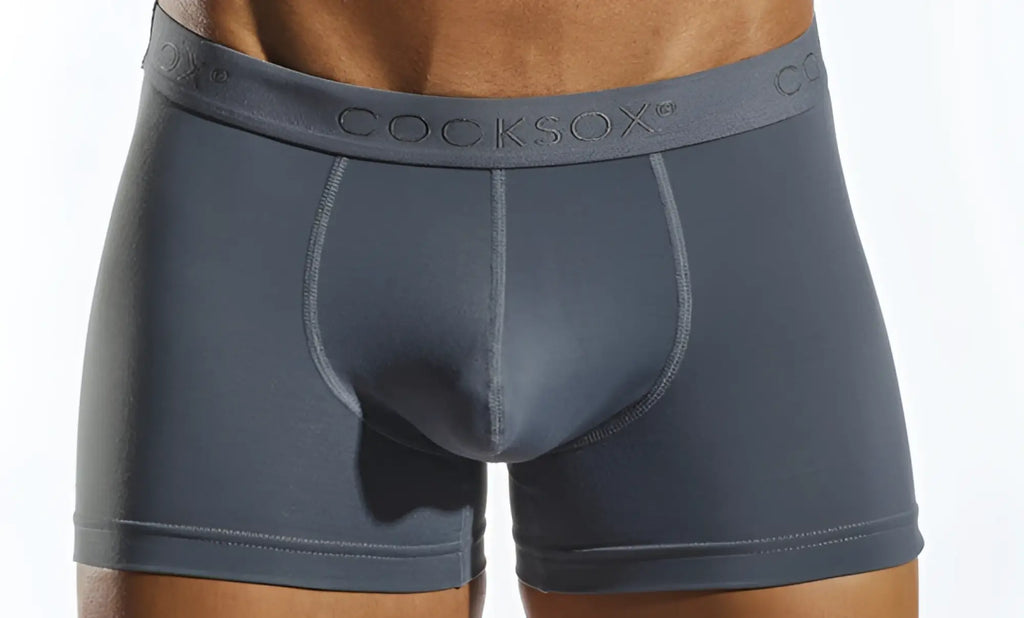 Dark gray Cocksox CX12 boxer briefs with smooth stretchy fabric and subtle stitching details for men