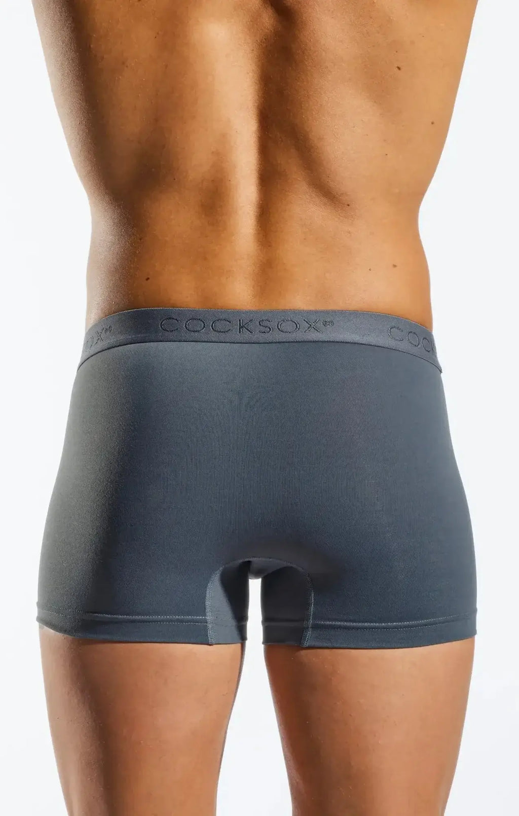 Gray cocksox cx12 boxer men’s briefs with smooth form-fitting fabric and subtle brand logo on waistband front side