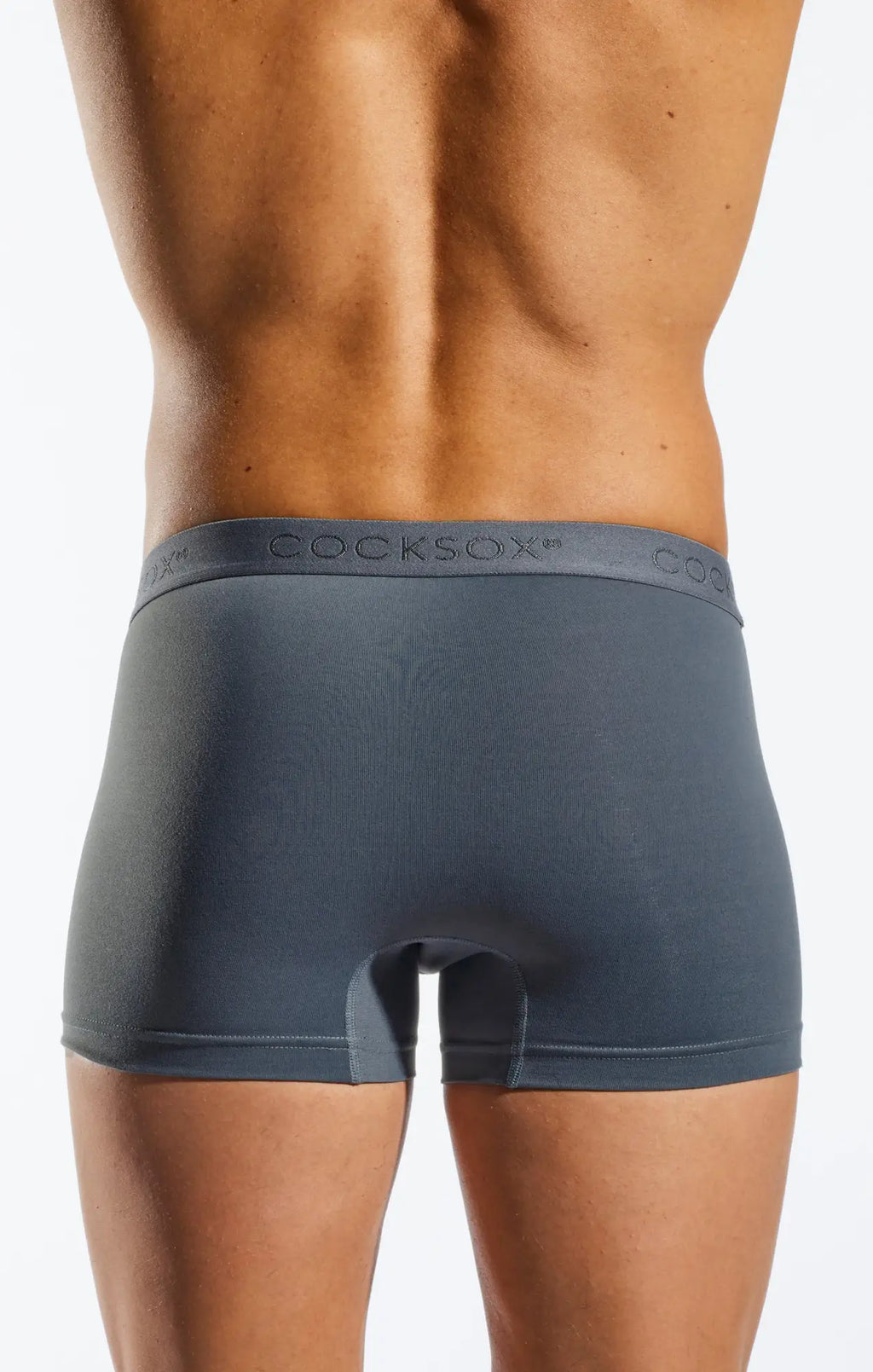 Gray cocksox cx12 boxer men’s briefs with smooth form-fitting fabric and subtle brand logo on waistband front side