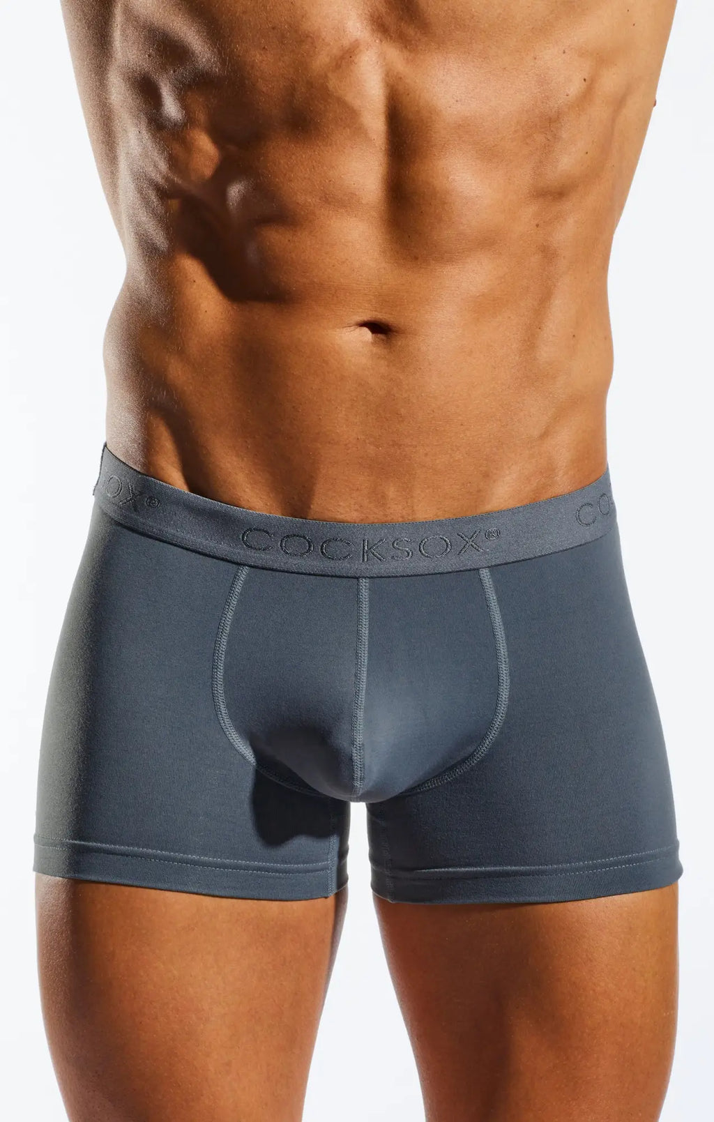 Gray cocksox cx12 men’s boxer briefs with subtle elastic waistband featuring the brand name logo