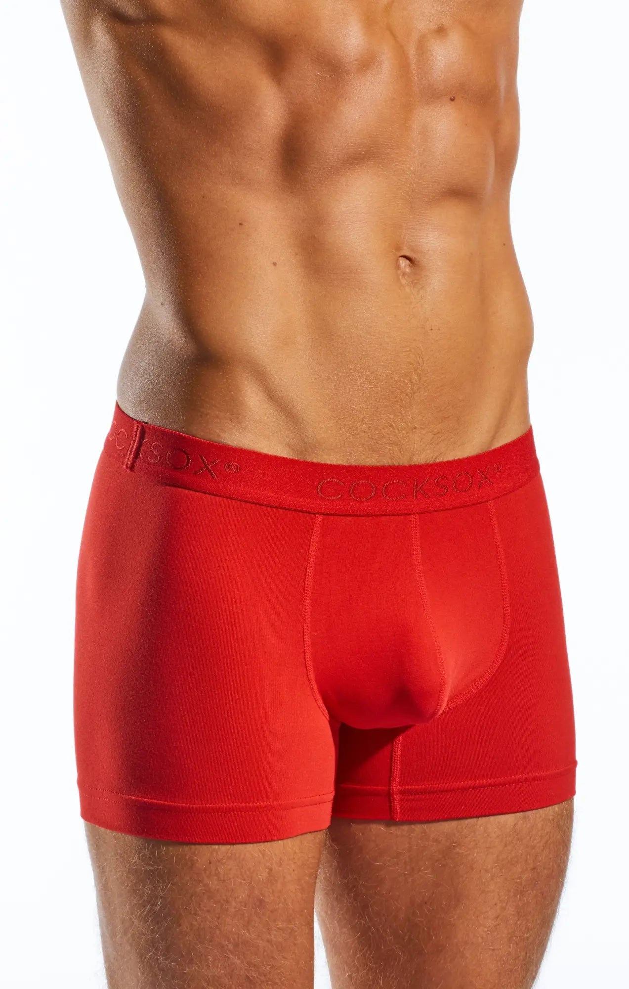 Red men’s boxer briefs with a snug fit and elastic waistband featuring the cocksox brand logo cocksox CX12 boxer