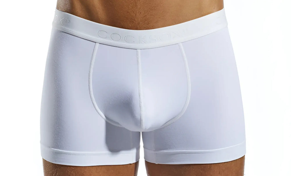 White cocksox cx12 boxer briefs with smooth form-fitting design and subtle brand embossing on waistband