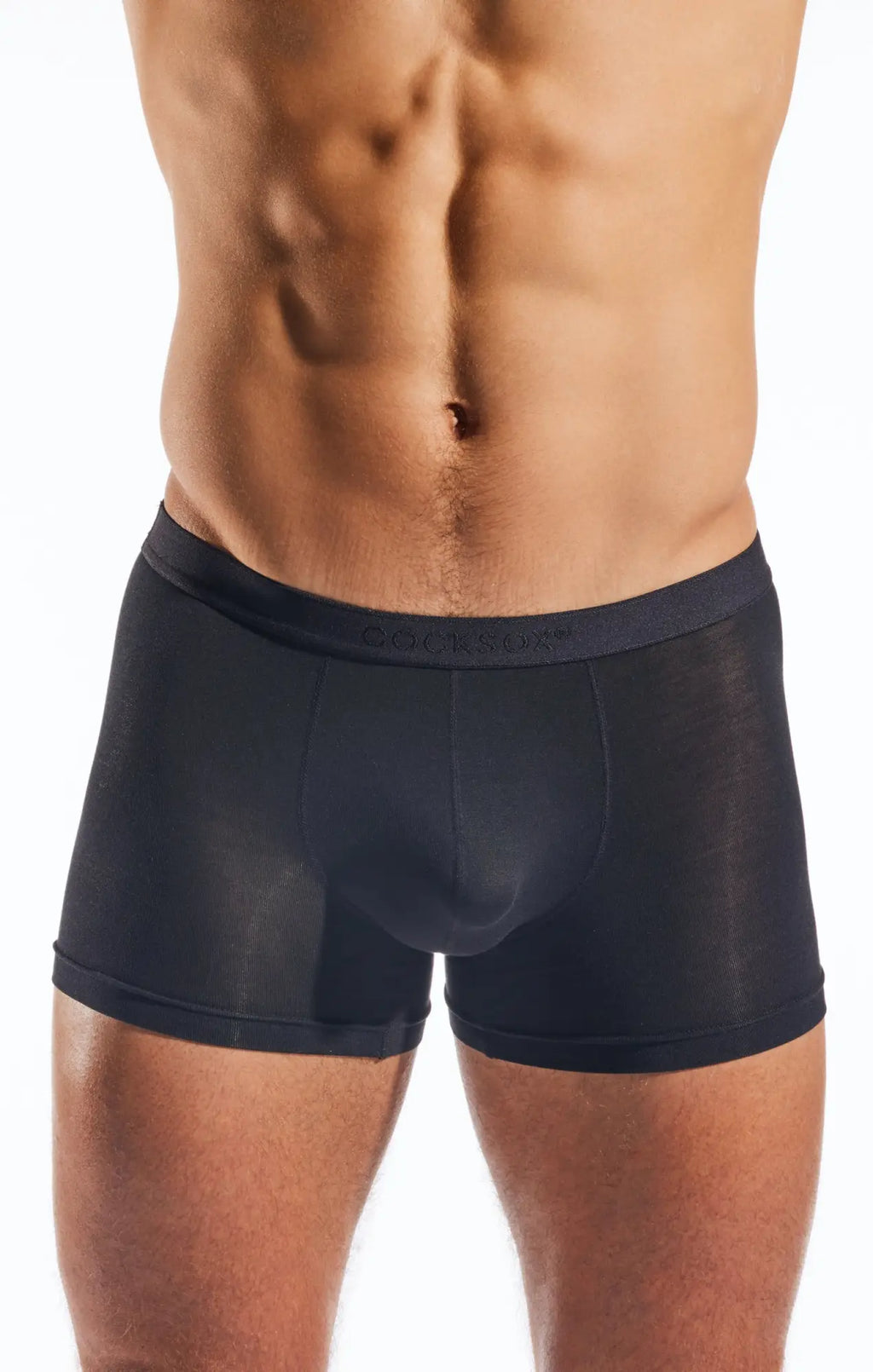 Black men’s Cocksox CX12MD boxer briefs with smooth, form-fitting design and brand name on waistband