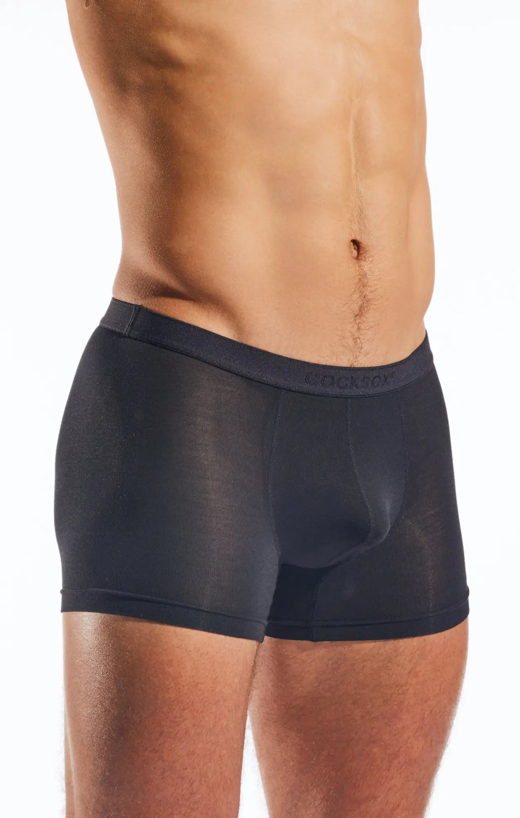 Black sheer men’s boxer briefs with subtle textured pattern and locker waistband embroidery cocksox cx12md boxer