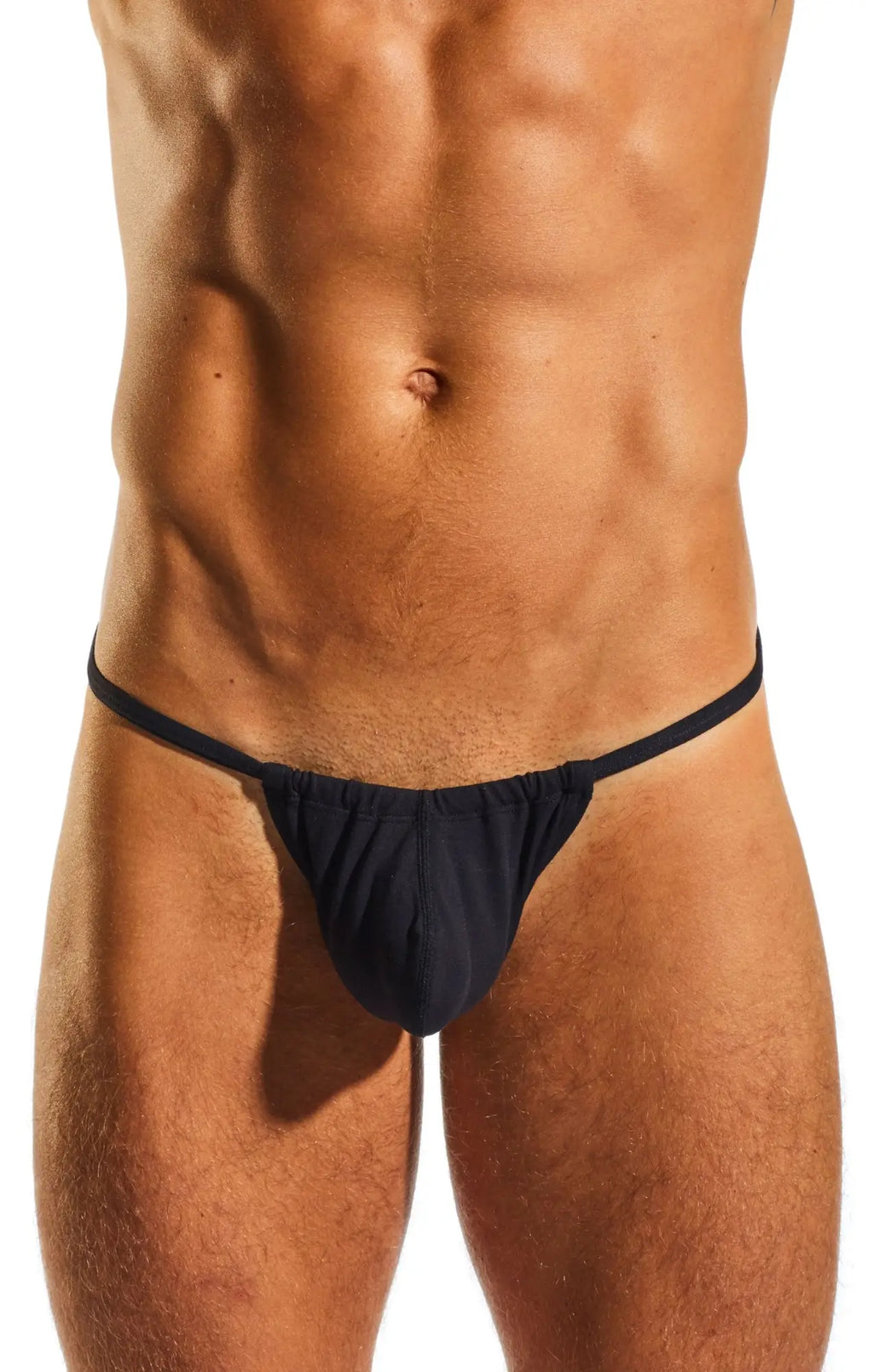 Black cocksox cx14 slingshot thong made of stretchy fabric with a narrow waistband shown from the back side